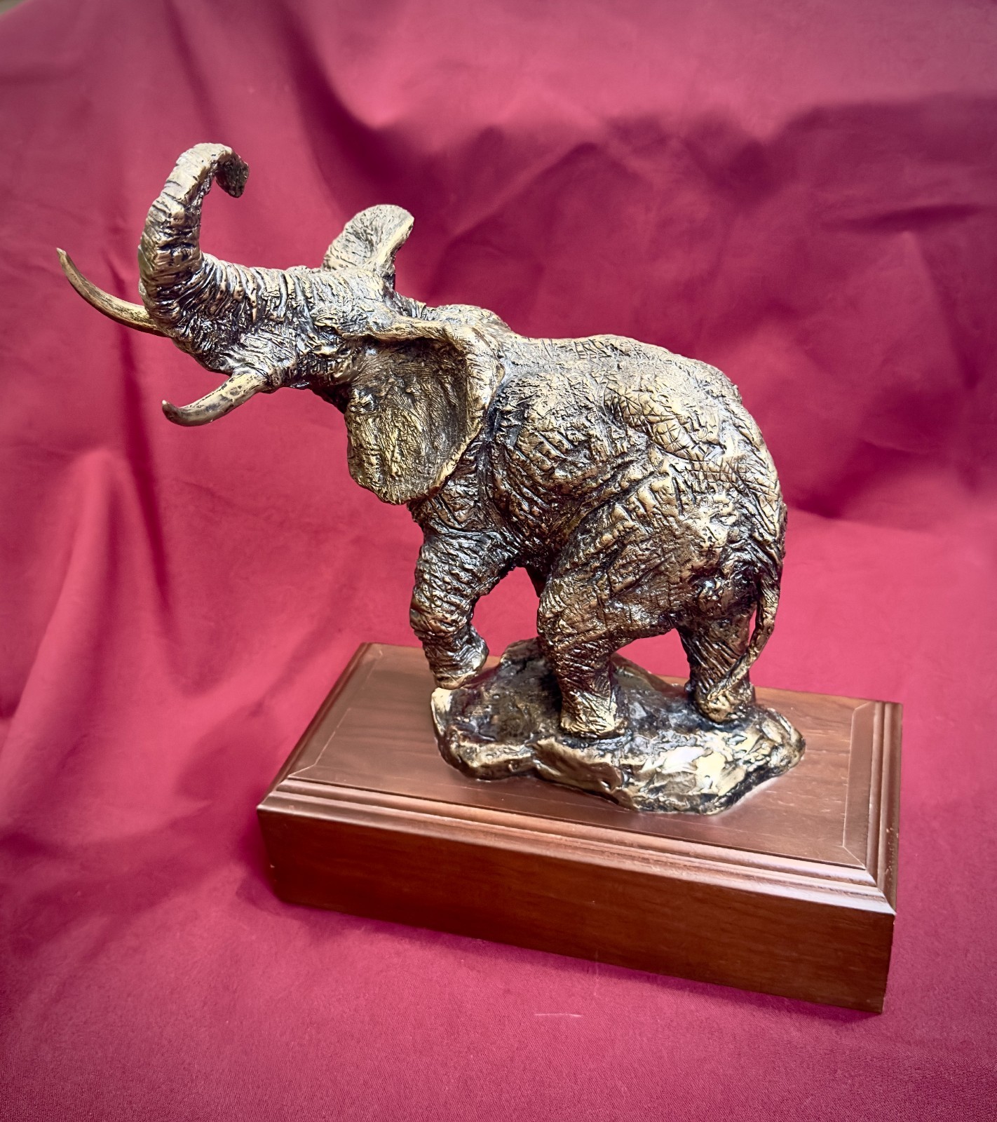 Large Heavy Bronze African Elephant Sculpture on Walnut Base, 12 Lbs