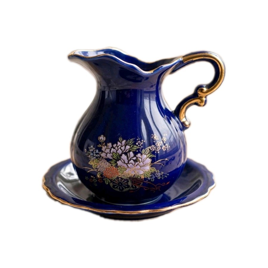 Vintage Blue Colbat Small Pitcher With Saucer.