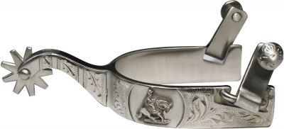 Showman Stainless Steel Spurs w/ Embossed Reining Horse & Scrolling Design Showman Stainless Steel Spurs w/ Embossed Reining Horse & Scrolling Design