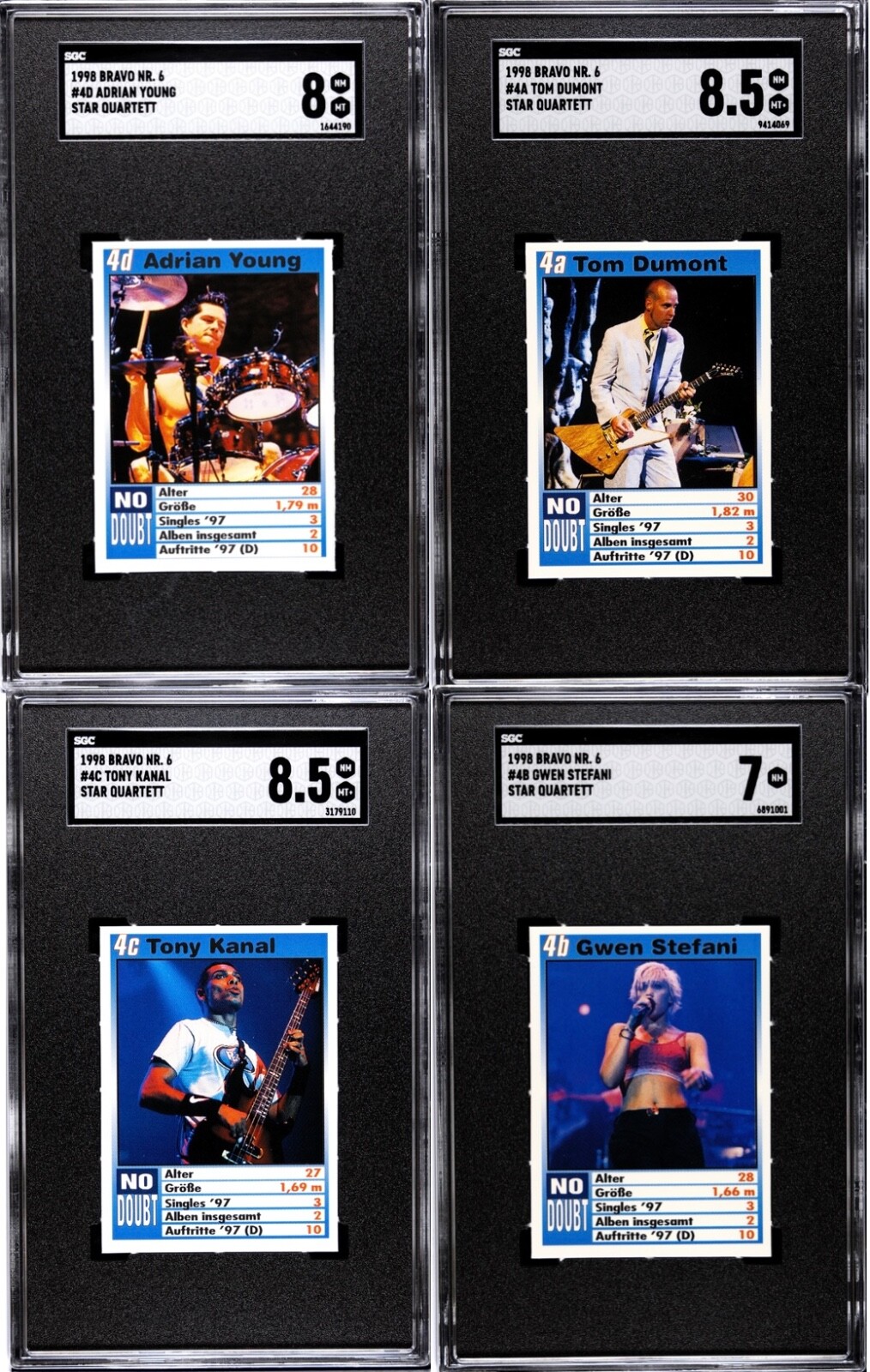 1998 Bravo Star Quartett NO DOUBT rookie set /4 SGC 8 8.5 8.5 7 Gwen Stefani RC 1998 Bravo Star Quartett NO DOUBT rookie set /4 SGC 8 8.5 8.5 7 Gwen Stefani RC