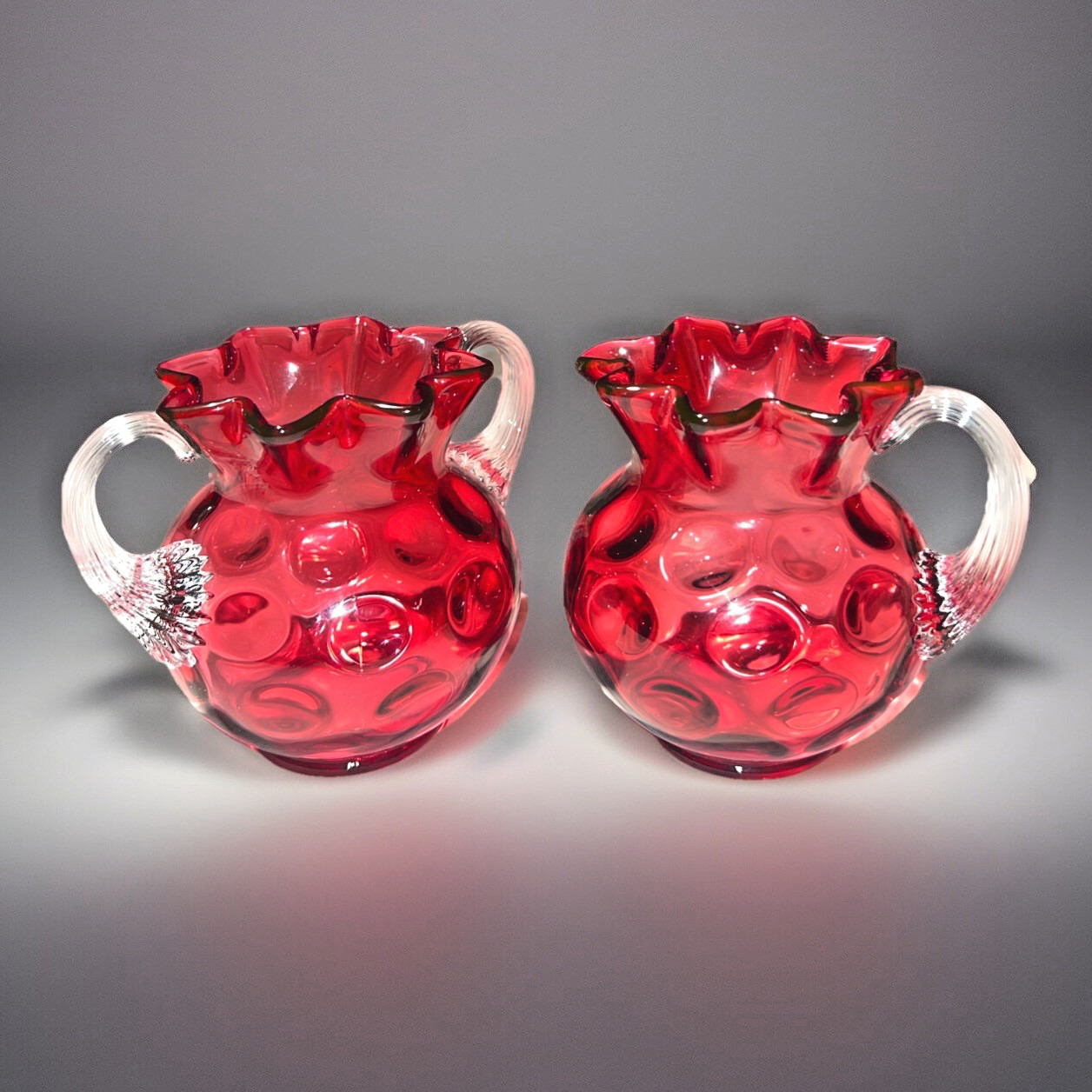 Fenton for L.G. Wright Cranberry Glass Reverse Coin Dot Optic Creamer Sugar Set