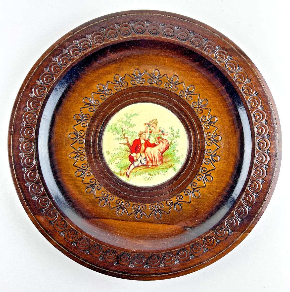 Vintage Polish Folk Art Decorative Plate - carved w/ ceramic inlay