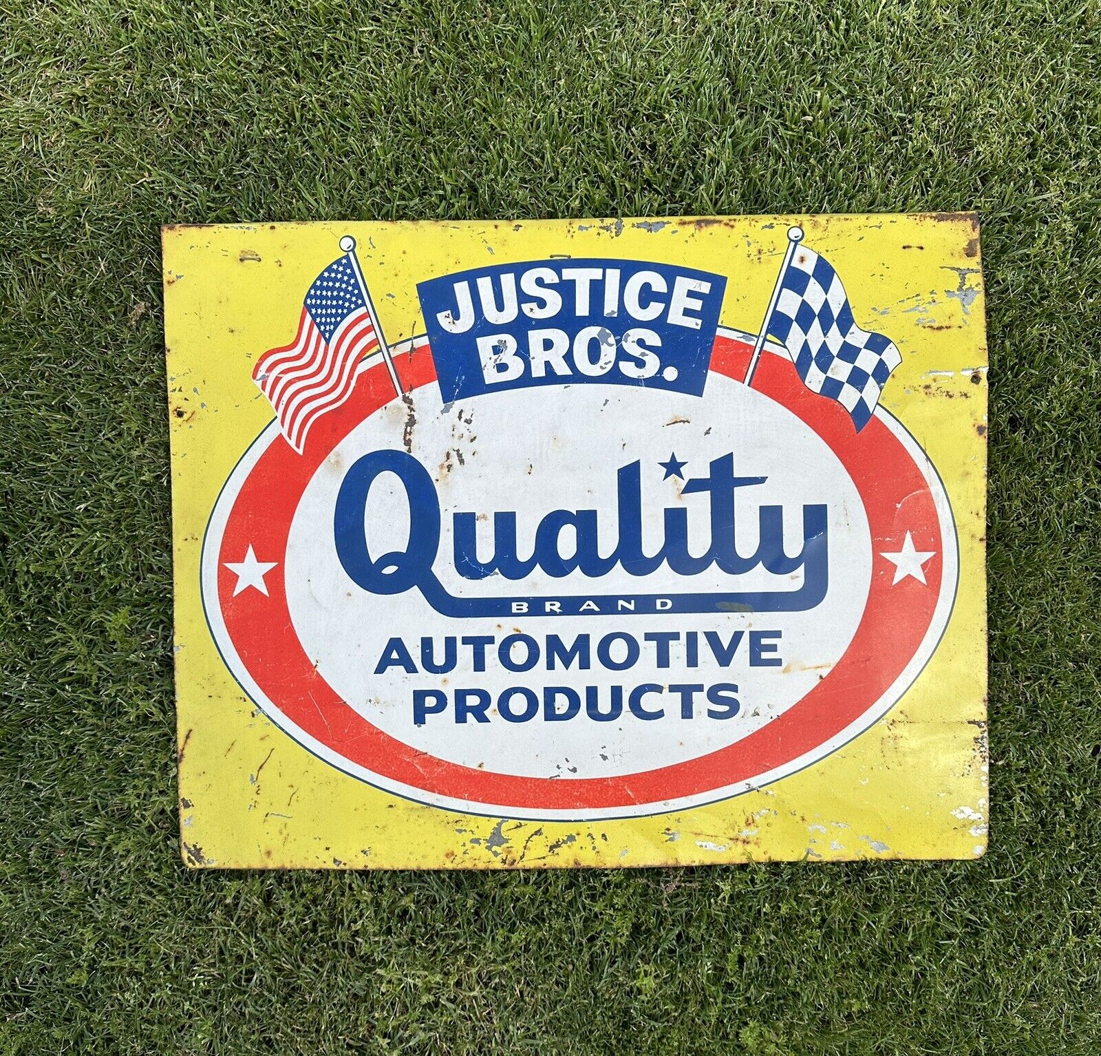 Vintage Original Justice Bros. Quality Automotive Tin Sign With Killer Graphics.