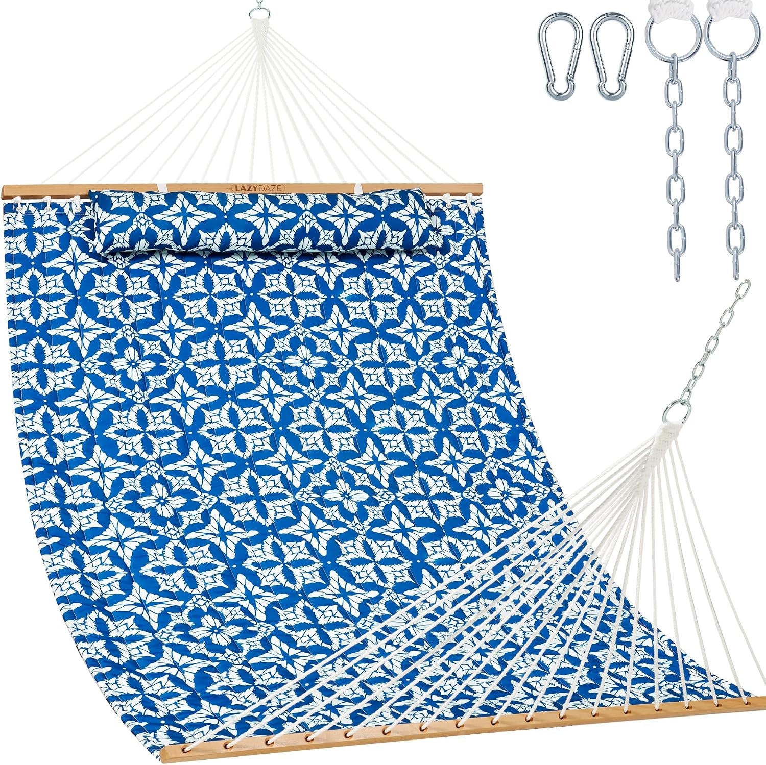 Lazy Daze 12FT Double Quilted Hammock for Outside with Pillow, Floral Navy