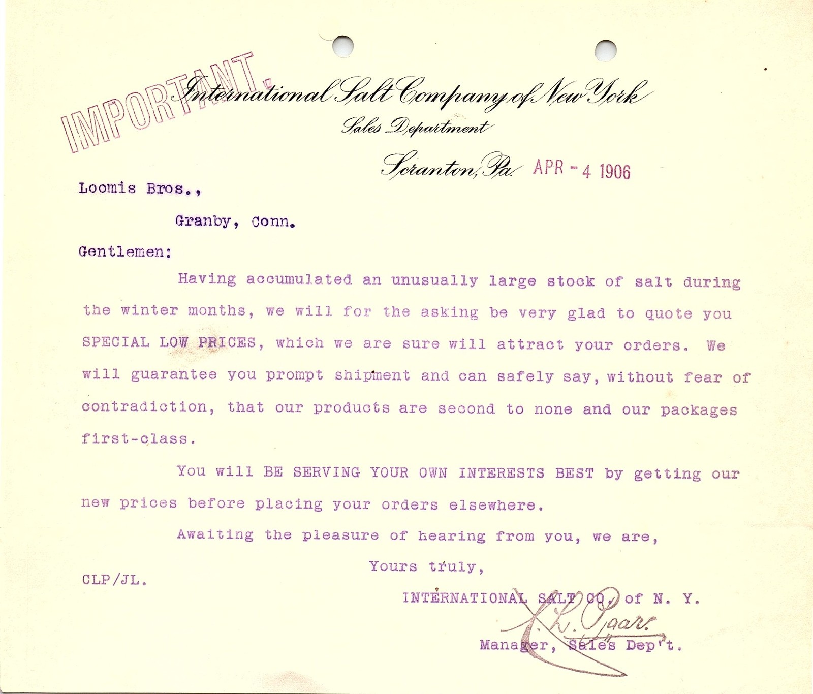 1906 International Salt Co. Sales Letter w/ 'IMPORTANT' stam