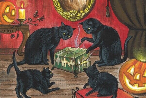 4x6 LE HALLOWEEN POSTCARD RYTA VINTAGE style 3/200 BLACK CAT SPIRIT rare odd art