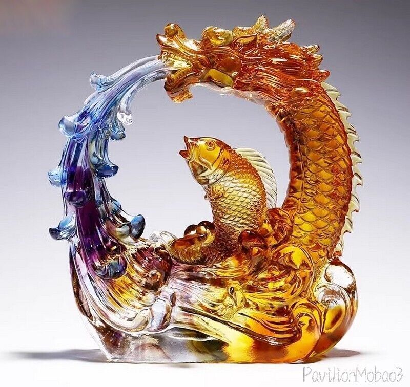 Chinese Liu Li Crystal Glass Jumping Carp Fish Dragon Gate Statue 2024 Feng Shui
