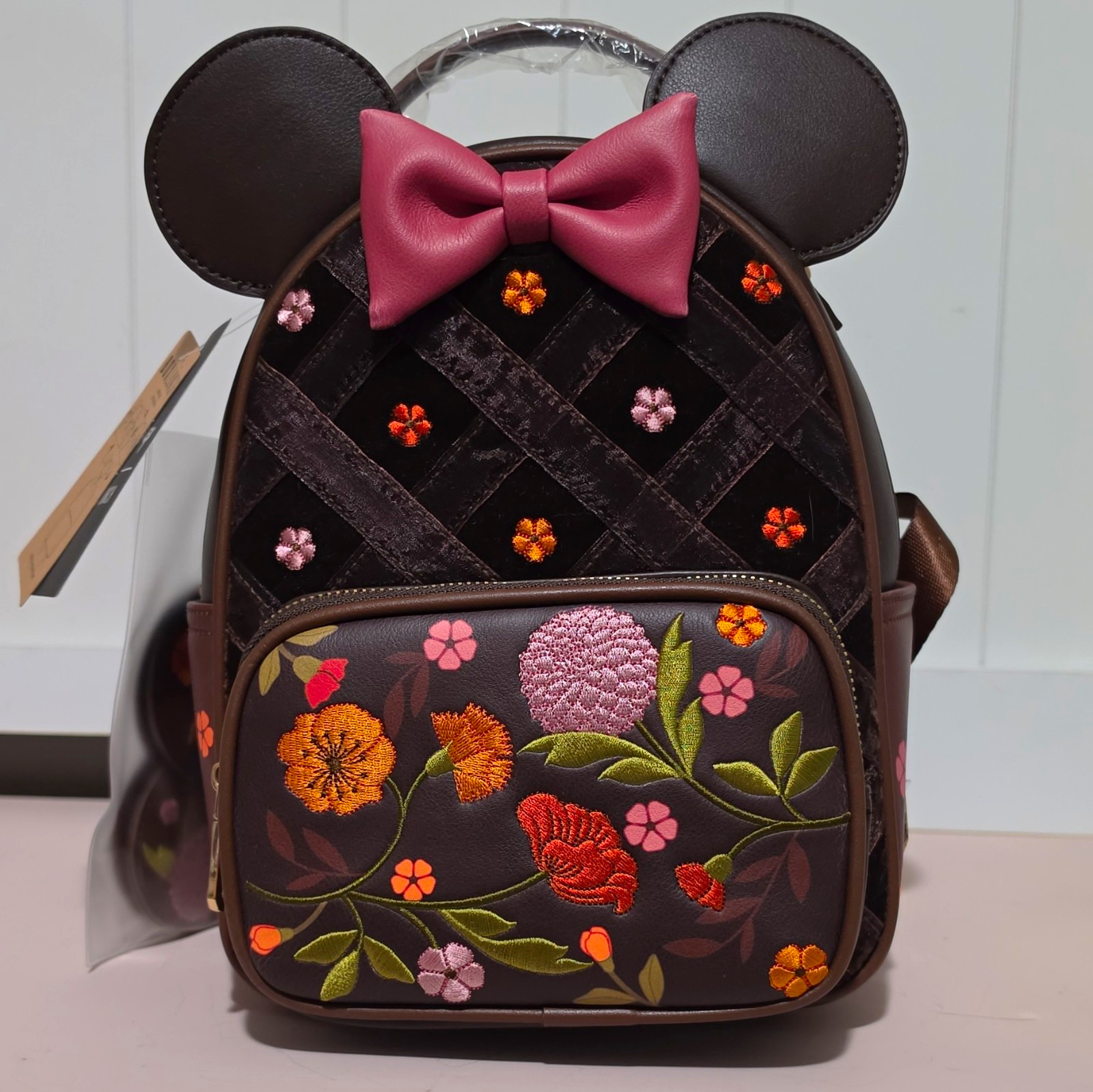 BoxLunch Disney Minnie Mouse Floral Mini Backpack w/ Interchangeable Ears Brown