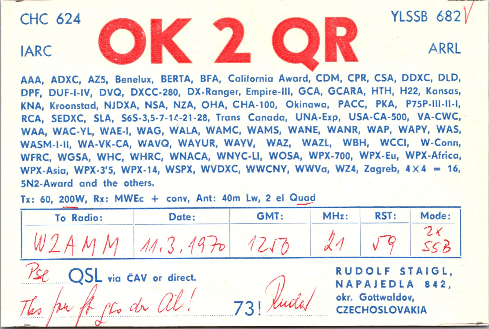 QSL Card 1993 Czech Republic V31DX Contact  CQWW DX Contest Yellow Design