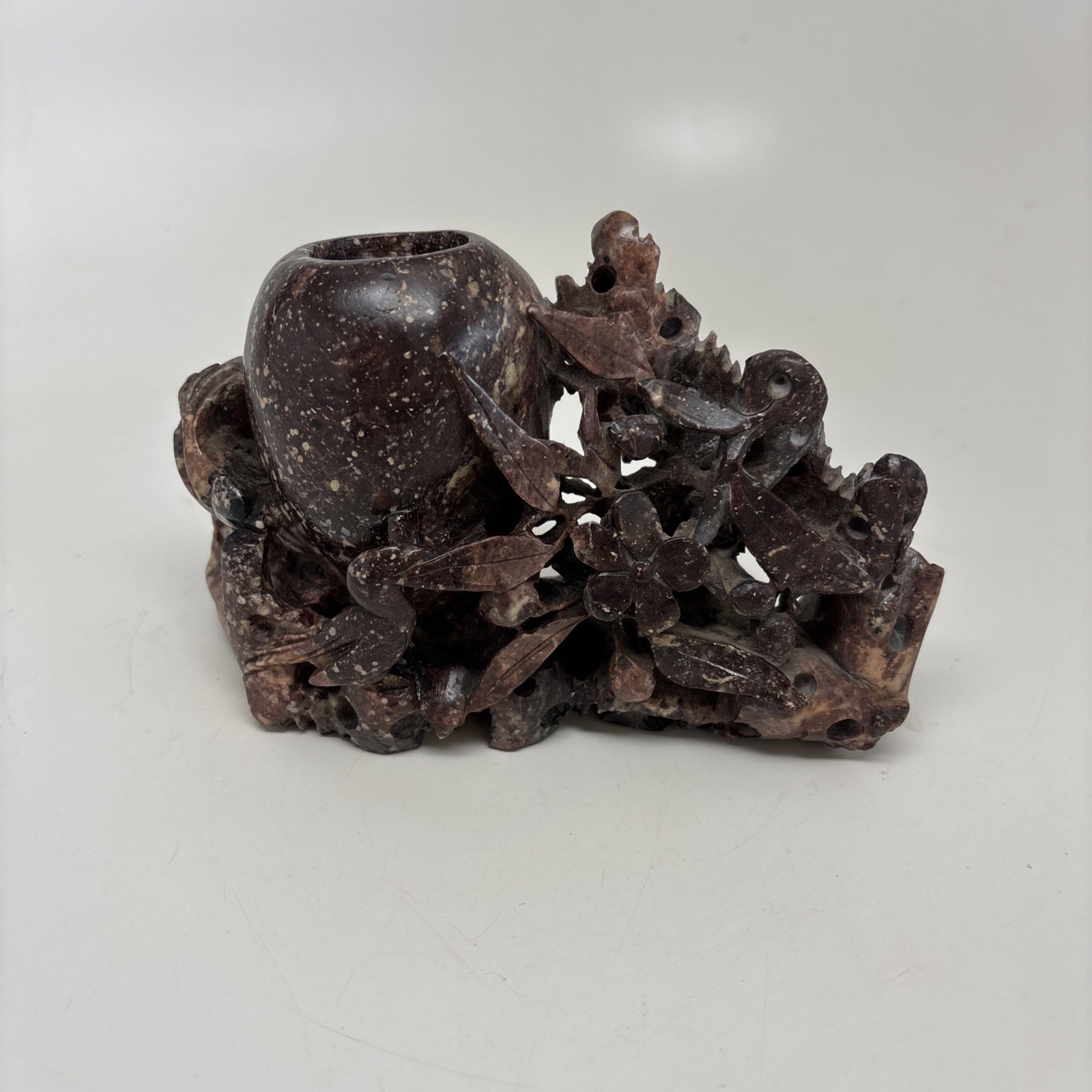 Antique Chinese Carved Soapstone Brush Pot Brown RARE Marked Antique Chinese Carved Soapstone Brush Pot Brown RARE Marked