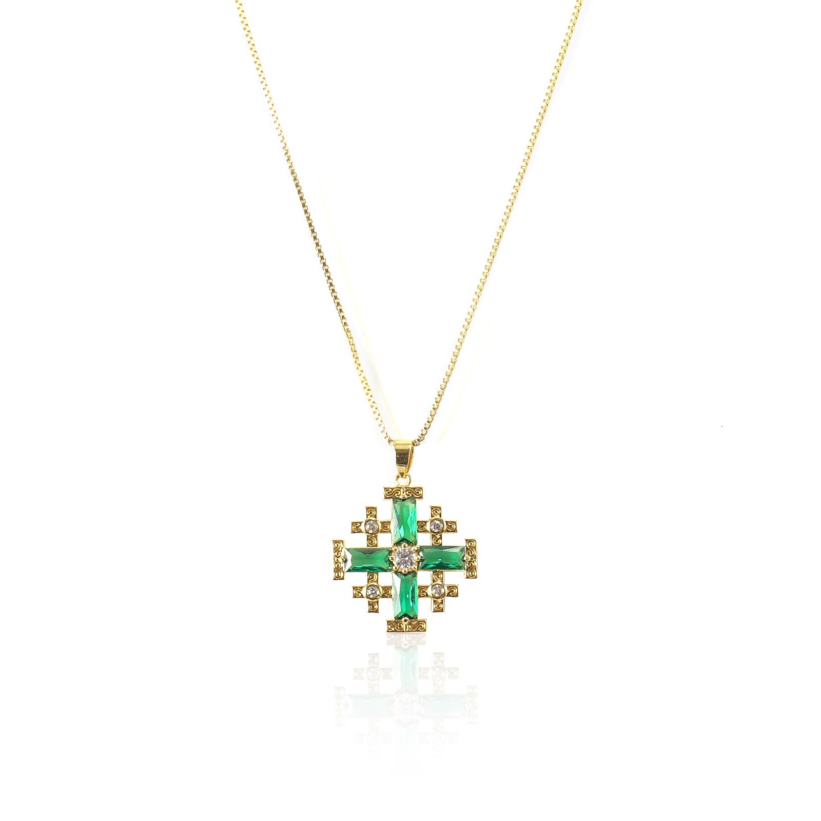 Green Topaz Jerusalem Cross Crusaders Pendant Necklace Gold Plated 18k