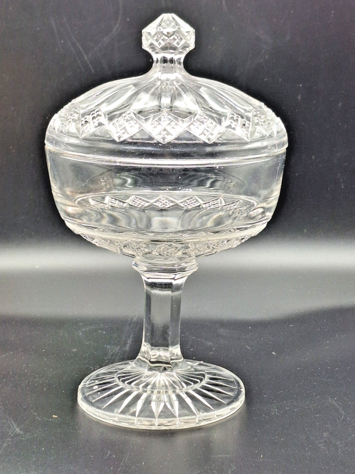 EAPG Diamond Medallion Covered Pedestal Compote Candy Dish Bryce Higbee 1880s