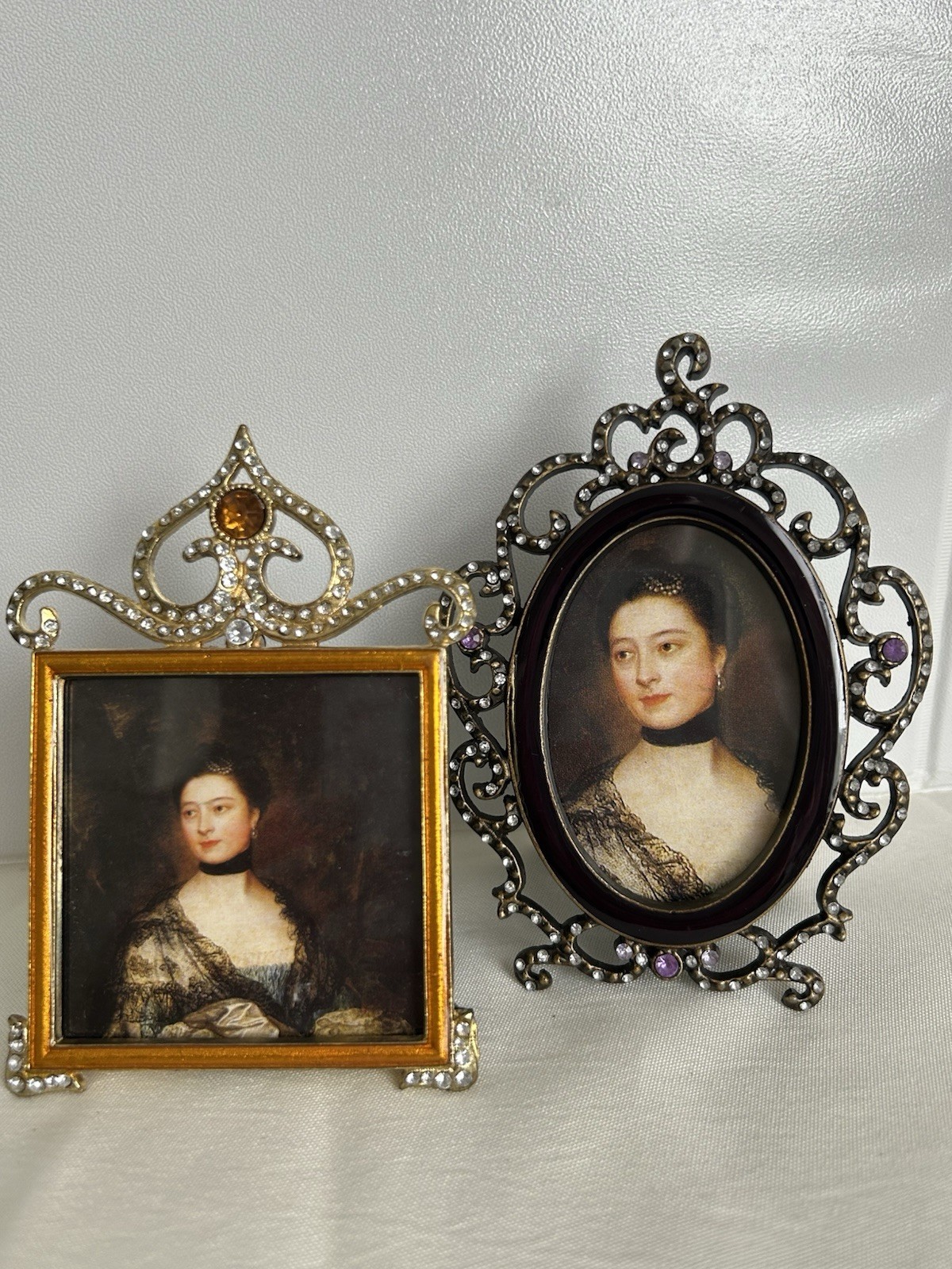 Vintage Style Miniature Portrait Frames Jeweled Rhinestone Enamel Set of 2