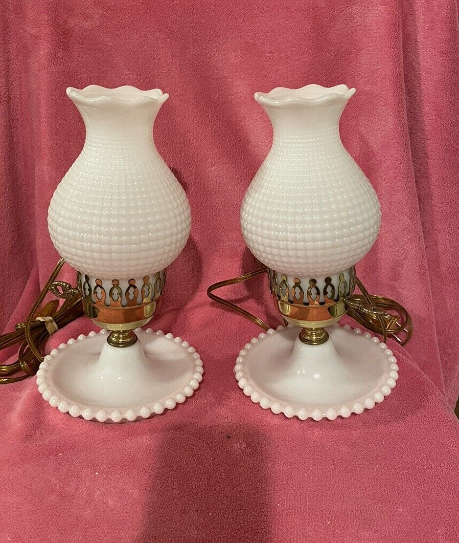 Two Vintage milk glass hobnail lamps