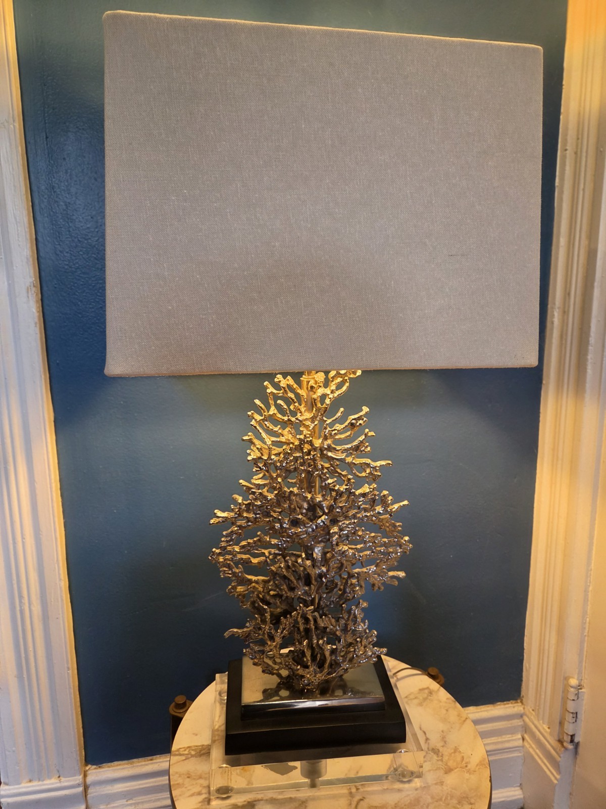 John Richard  Lamp With Original Matching  Shade Silver Toned Coral Sculpture