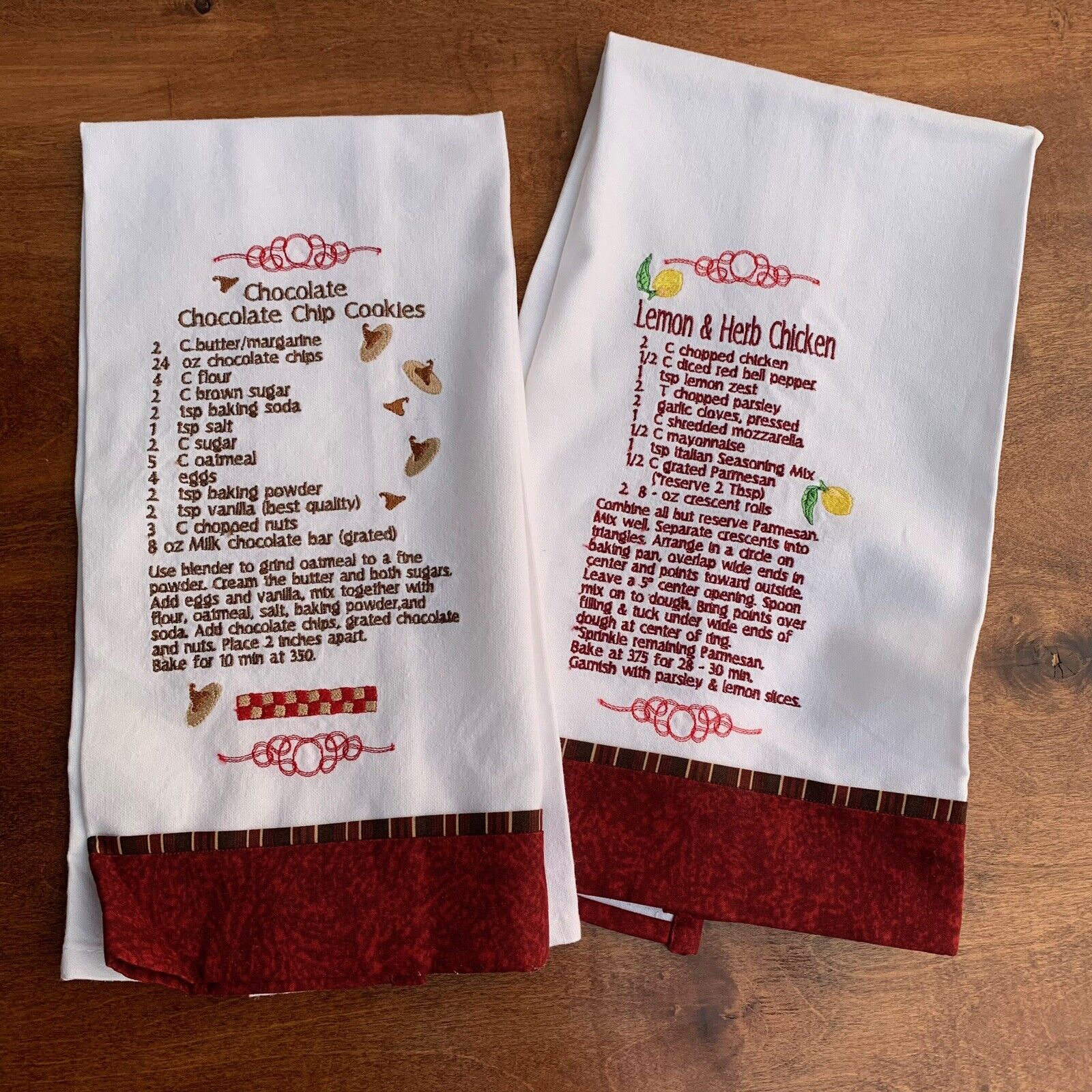 2 Linen Kitchen Towels Embroidery with  Recipe