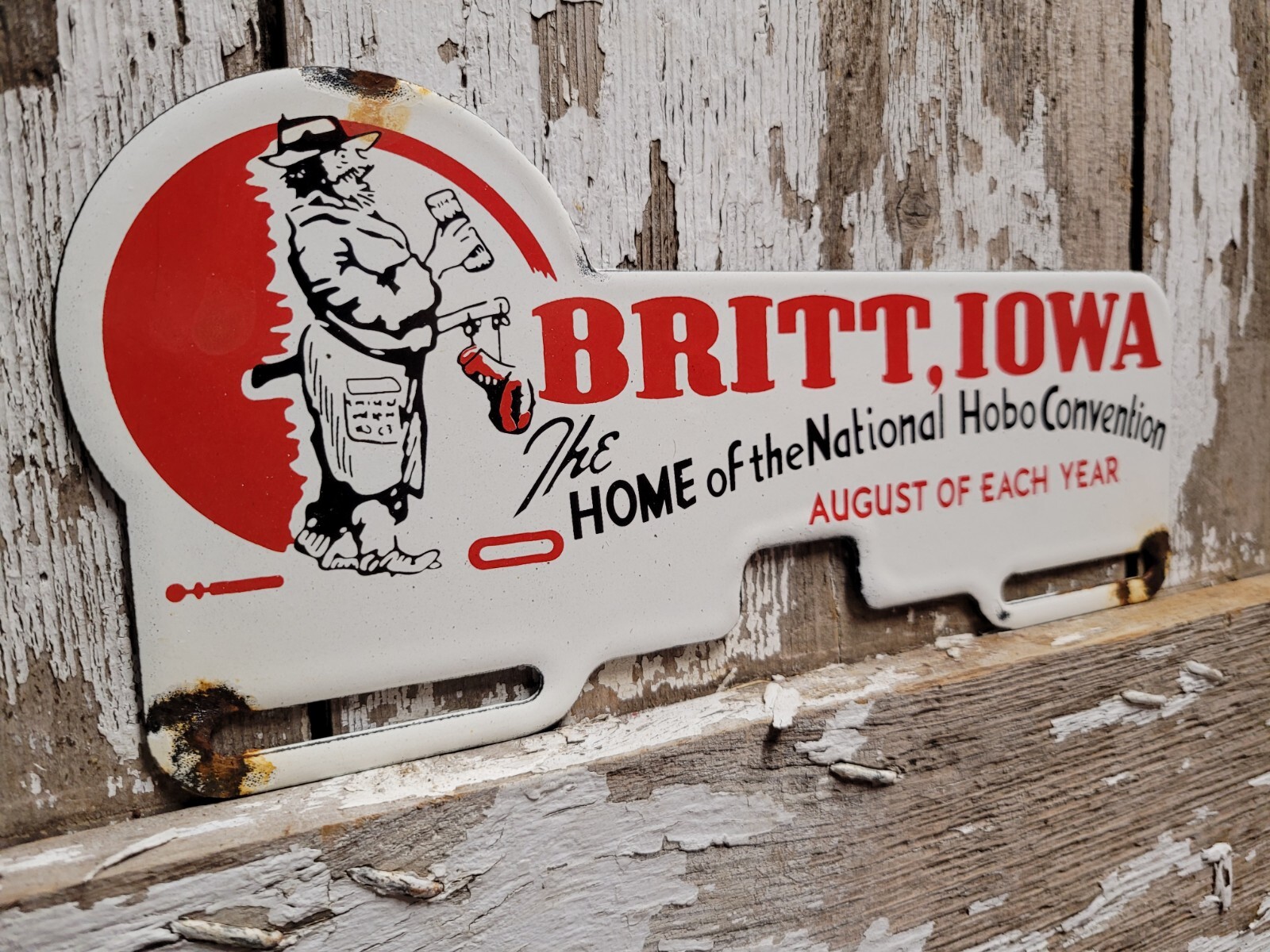 VINTAGE PORCELAIN SIGN OLD HOBO CLOWN SOUVENIR IOWA CARNIVAL FAIR CAR TAG TOPPER