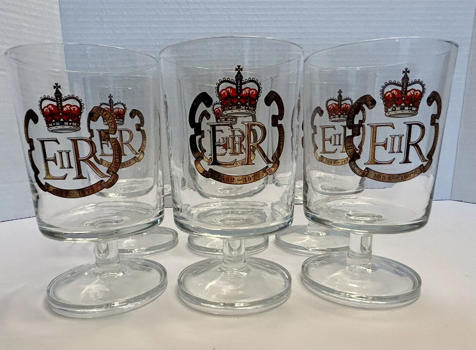 Queen's Silver Jubilee 1977 Queen Elizabeth Footed Goblet Glass 5” Set of 6