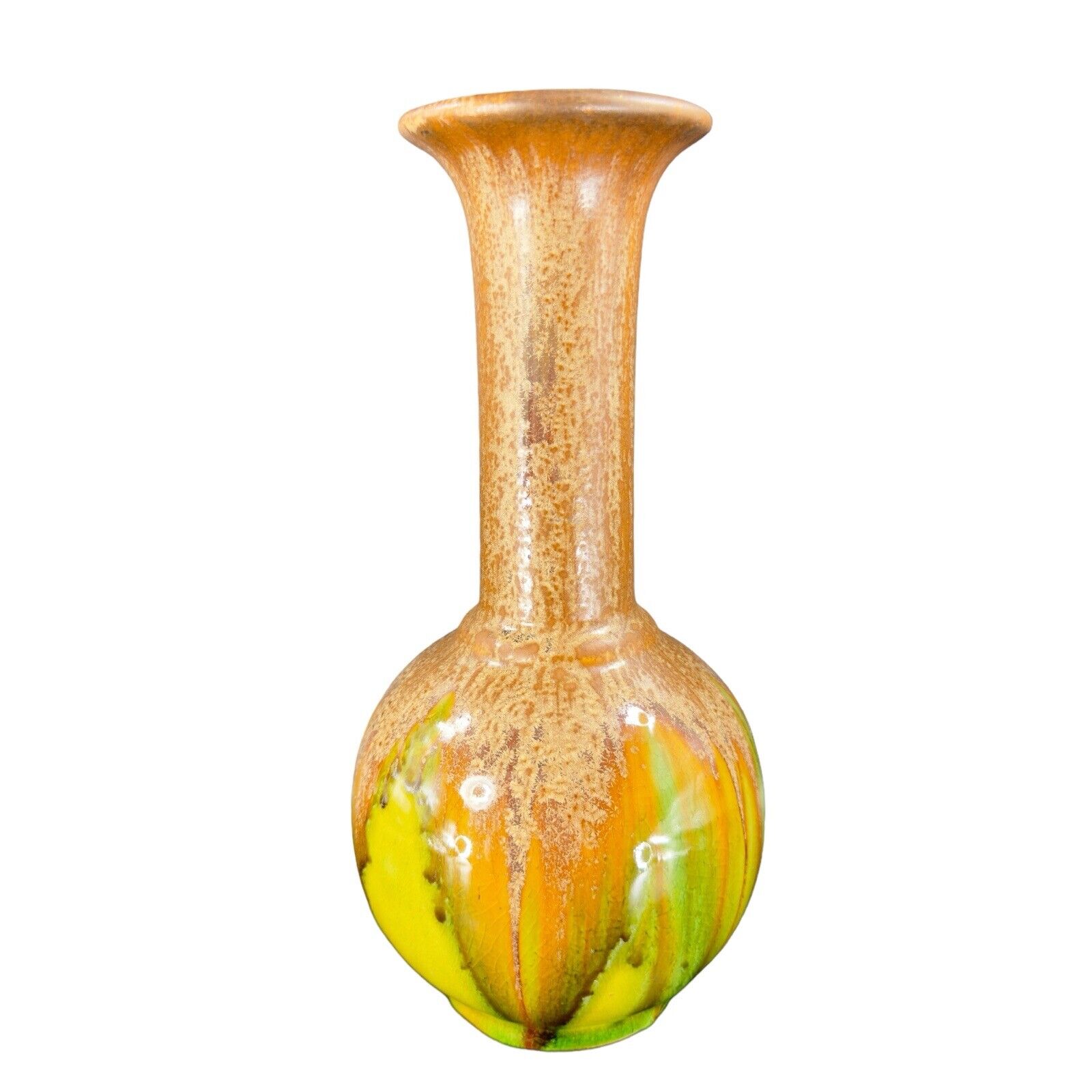 Hosley Potteries Vase Vessel Green Brown Drip Crystalline Glaze Tall Vase VTG