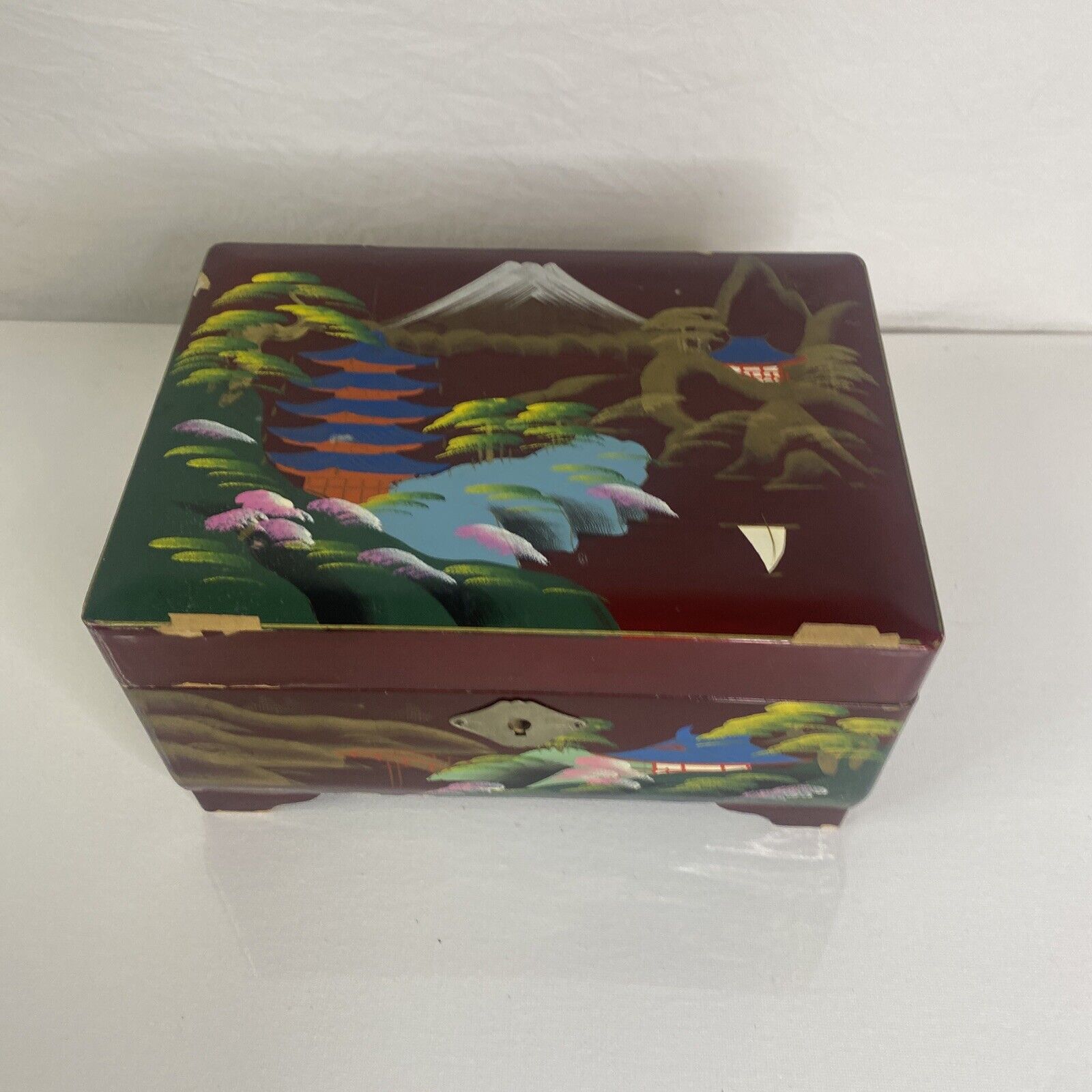 VTG Hand Painted Wood Lacquer Music Jewelry Box Footed, Works. VTG 1950’s