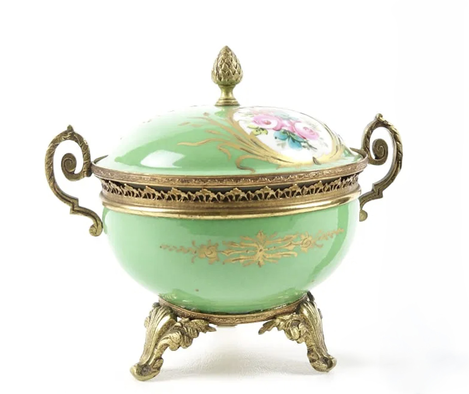 Antique French Porcelain Covered Bowl Gilt Bronze Mounts Hand Painted Floral