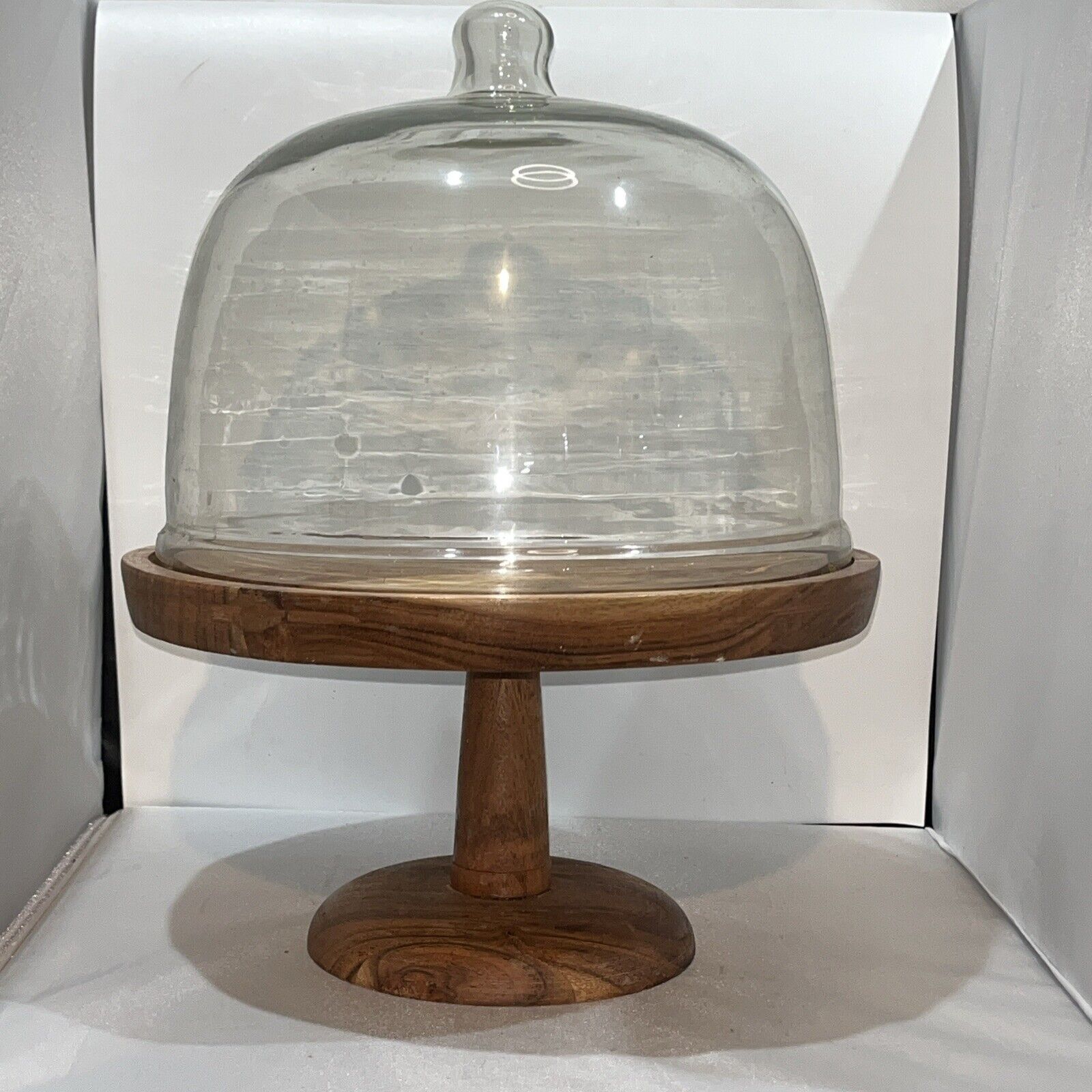 Rachel Ashwell Teakwood Glass Cloche Pedestal Dessert Cake Stand Set 14”Diameter