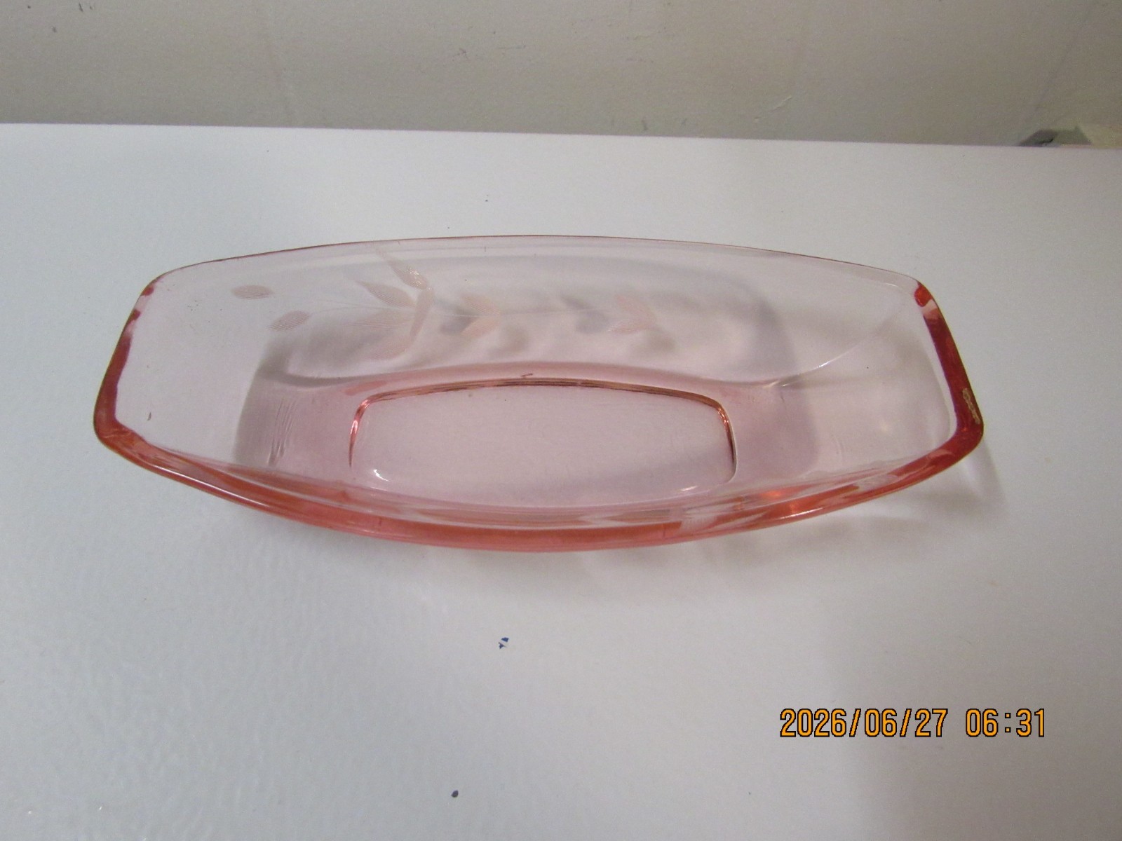 VTG Oblong  Pink Depression Glass Relish Celery Dish with Etched Flowers