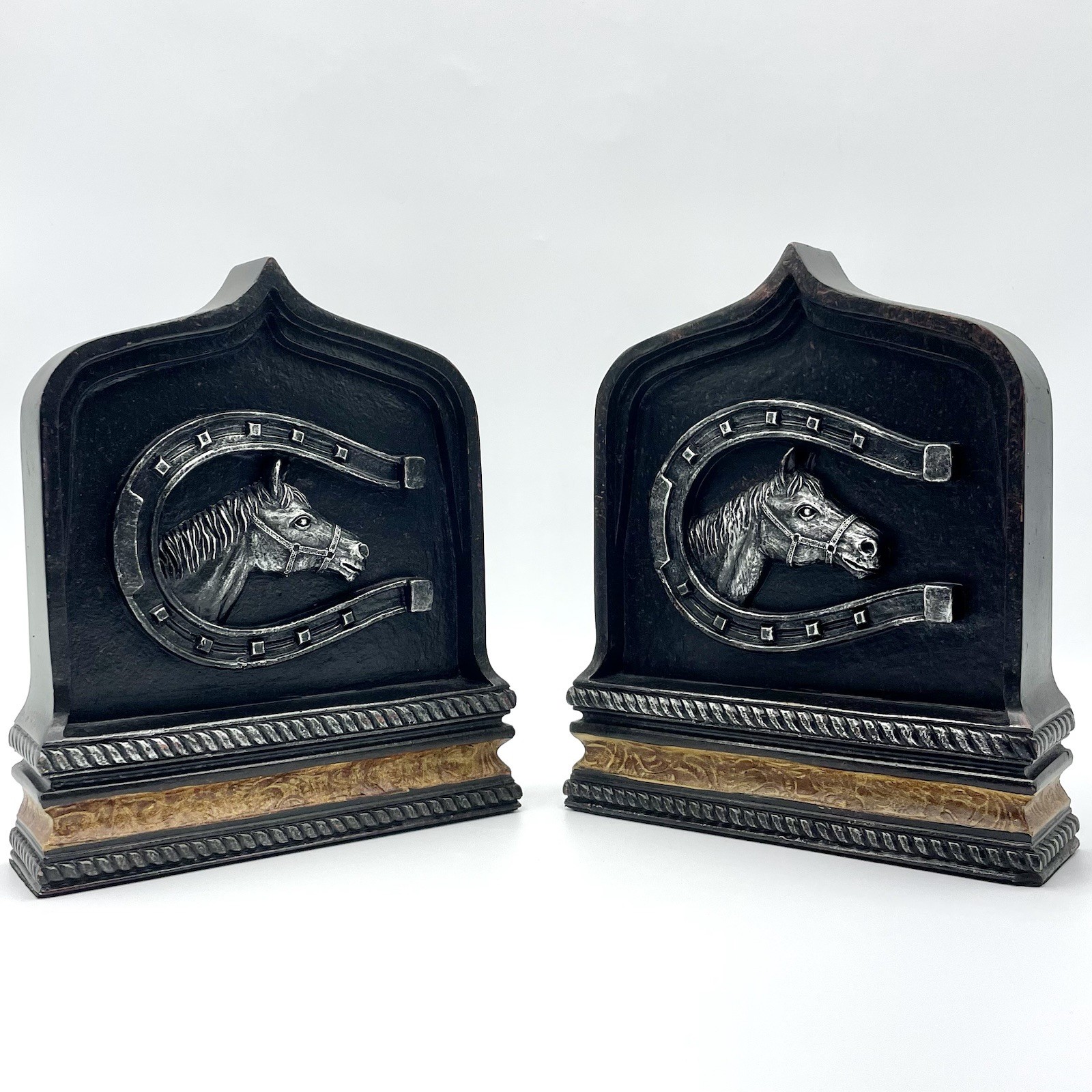 Vintage Equestrian Horse & Horseshoe Bookends — Western Study Décor (Pair)