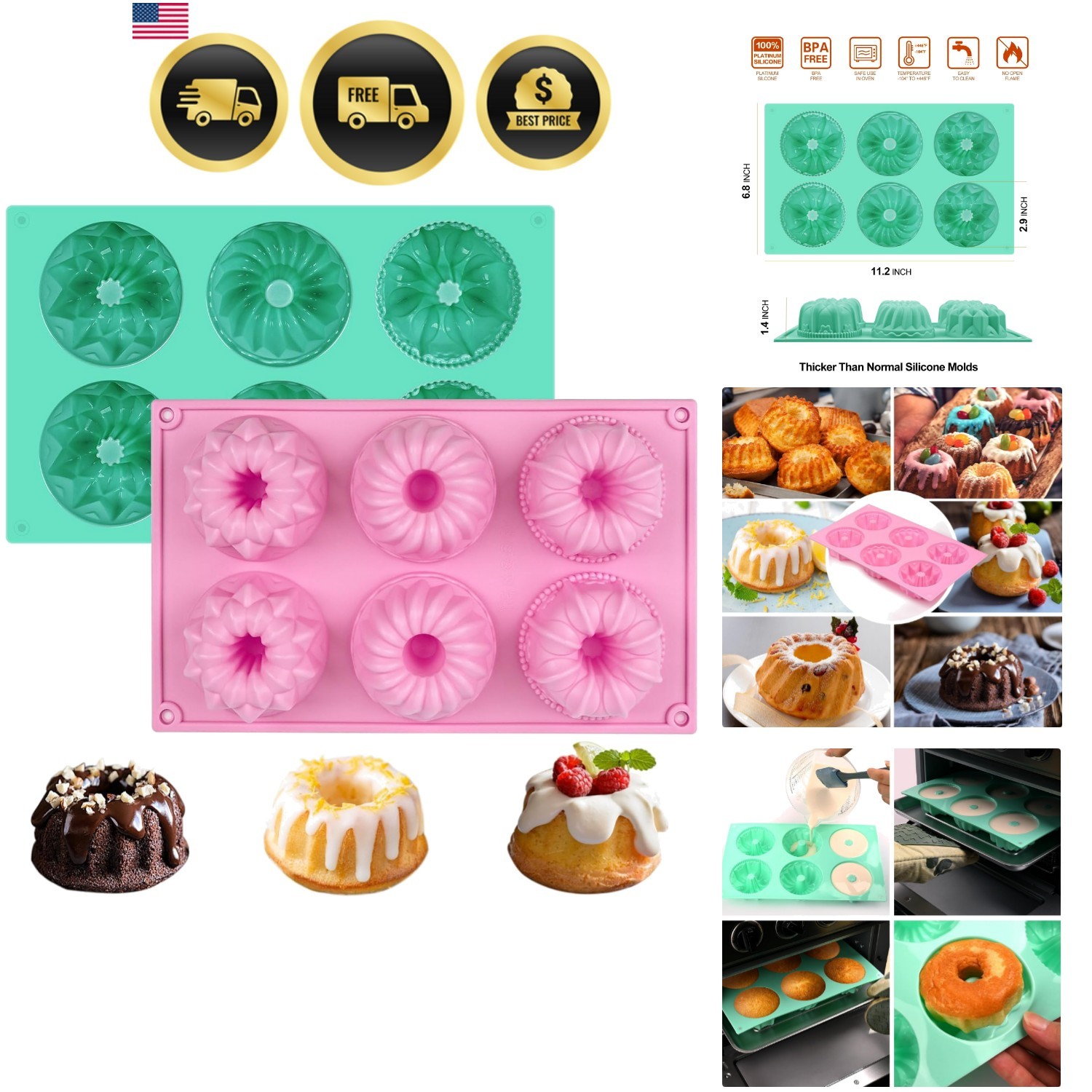2 Pcs Mini Fluted Cake Pan, 6-Cavity Fluted Tube Cake Pan