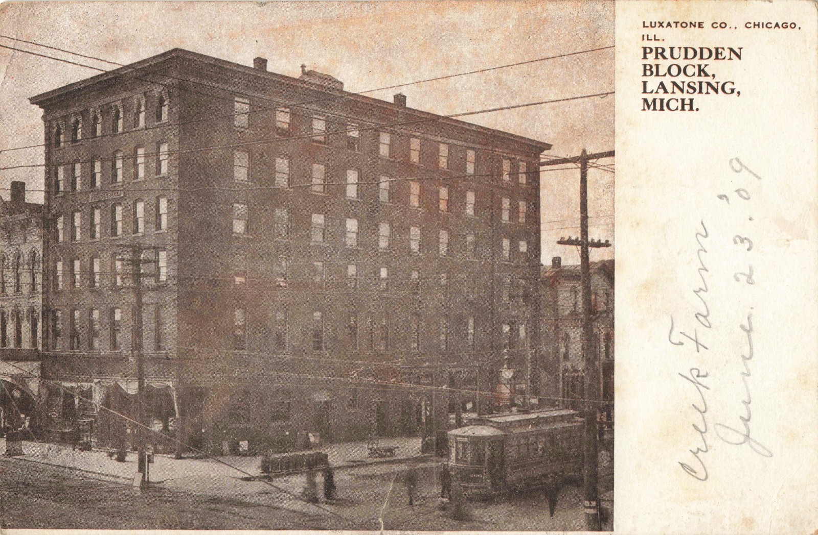 SE Lansing MI 1908 STREETCAR ERA at PRUDDEN BLOCK CORNER Railway or Traction Co.