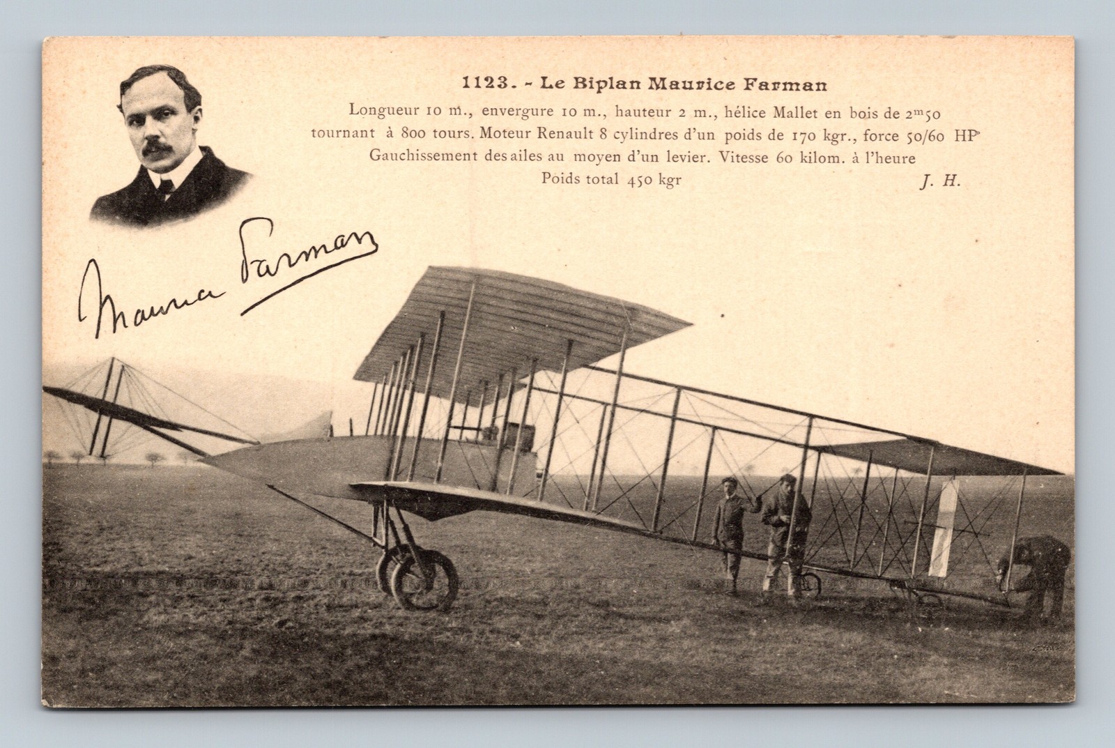 Postcard Farman Aeroplane Biplane photo signature inset