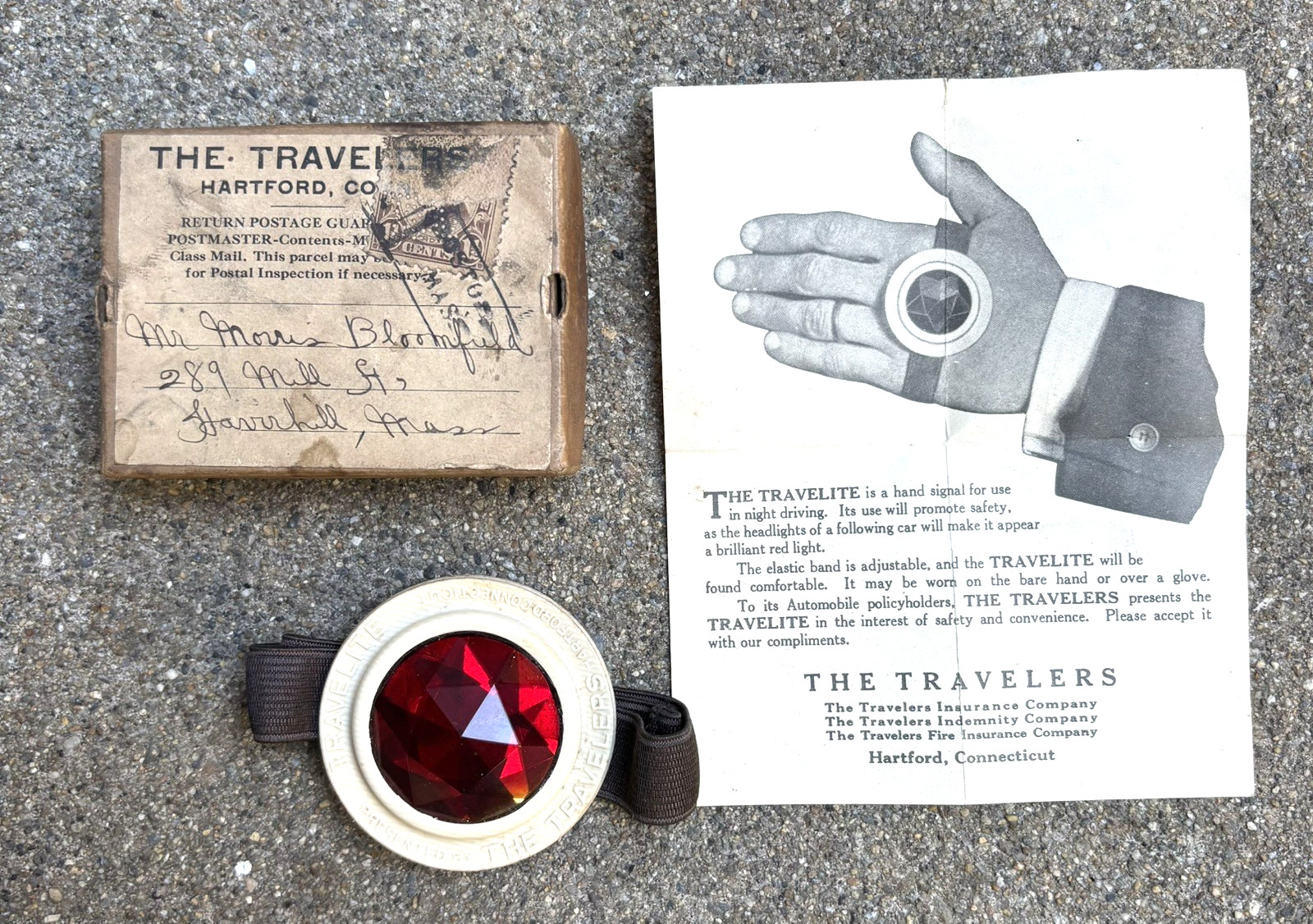 Vintage TRAVELITE Red Reflector Driver Hand Signal, Travelers Ins. w/box & paper