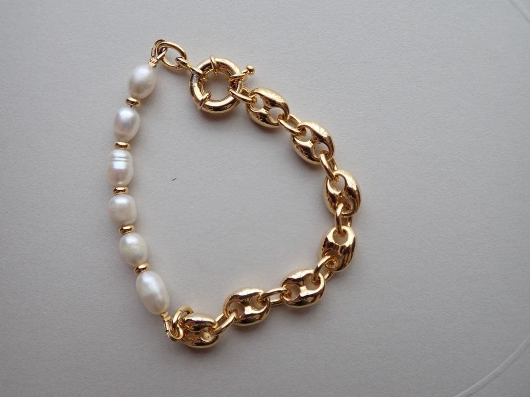 ANNIKA INEZ Pearl Bracelet Gold Antique Vintage 18cm Brass & Freshwater Pearl JP