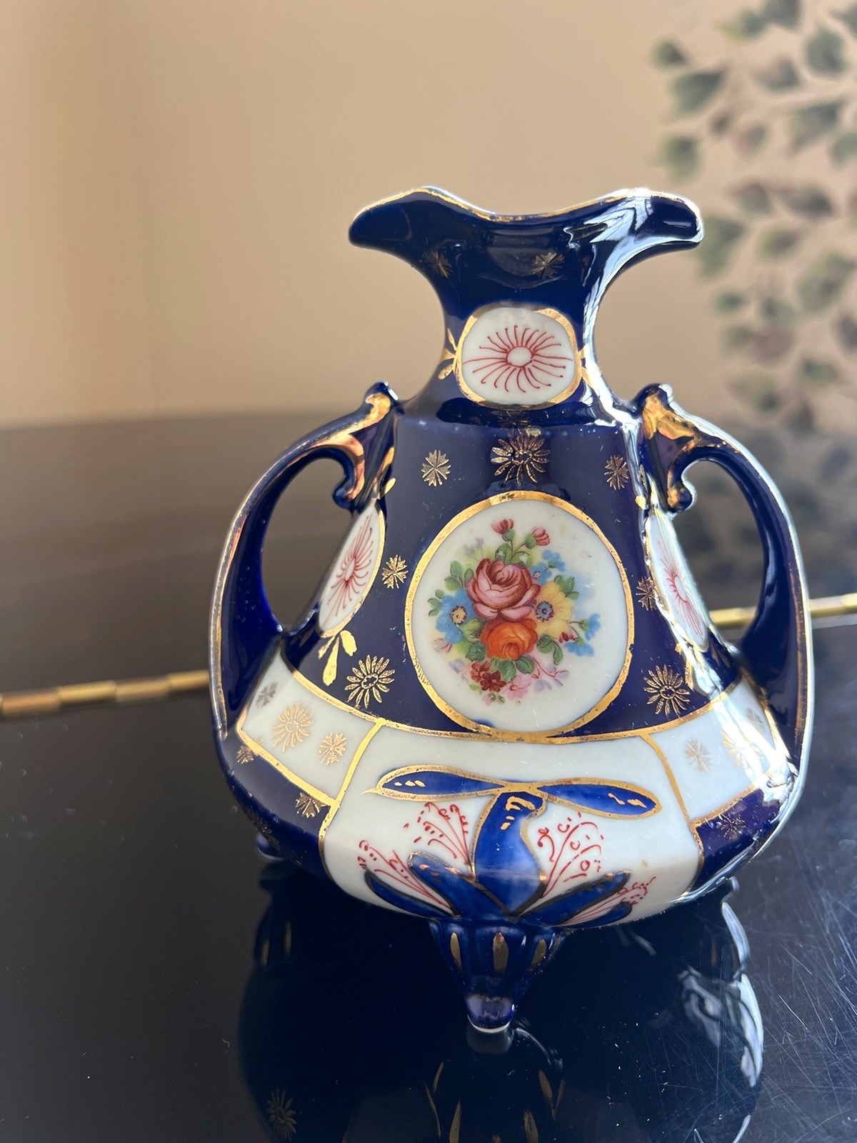 Antique Nippon Cobalt Blue Ewer Vase Hand Painted Floral Gold Gilt Footed 6\