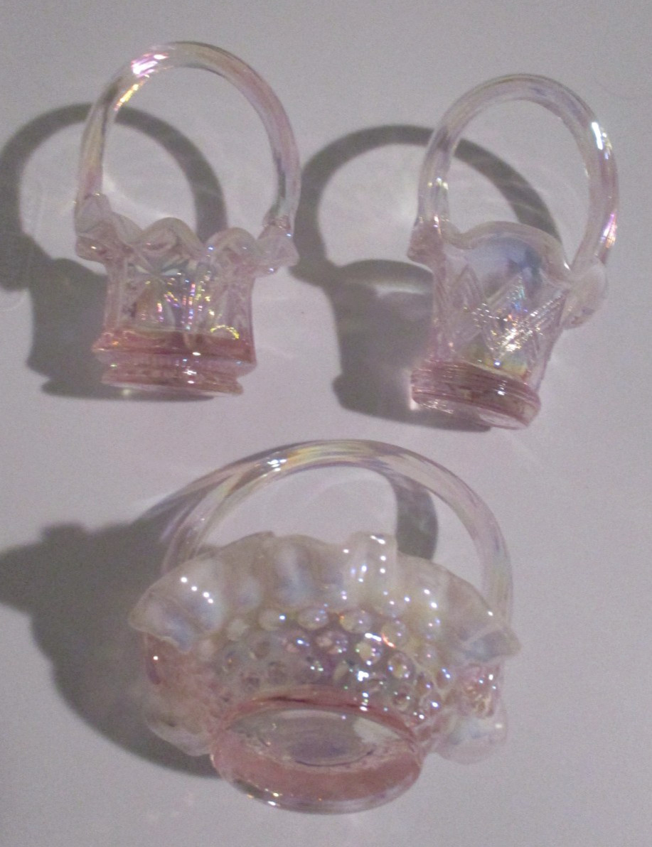 Fenton Pink Opalescent Iridescent 3 Mini BASKETS - Hobnail, Diamond, Starburst