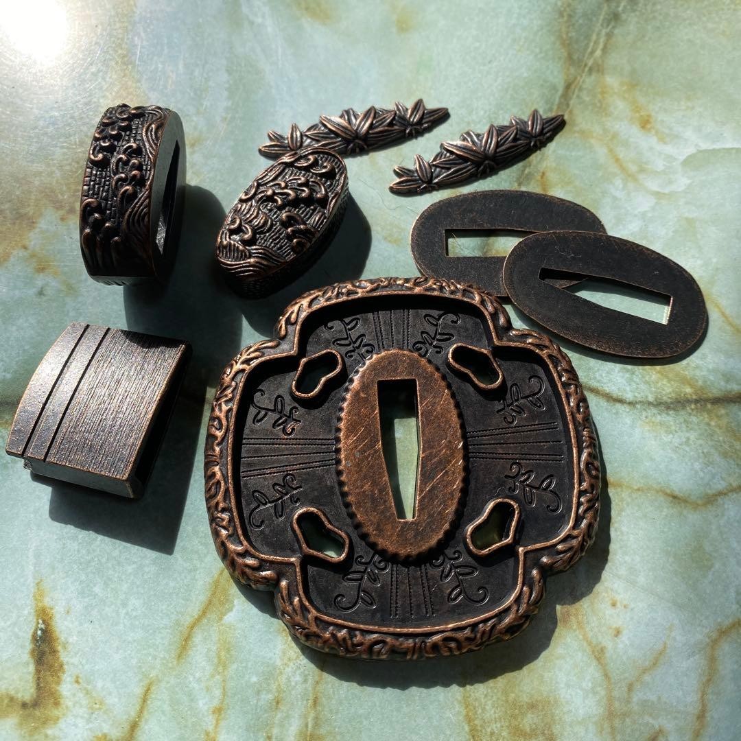 Custom Engraved Tsuba Habaki Set Sword Fittings Dark Bronze Finish Rare