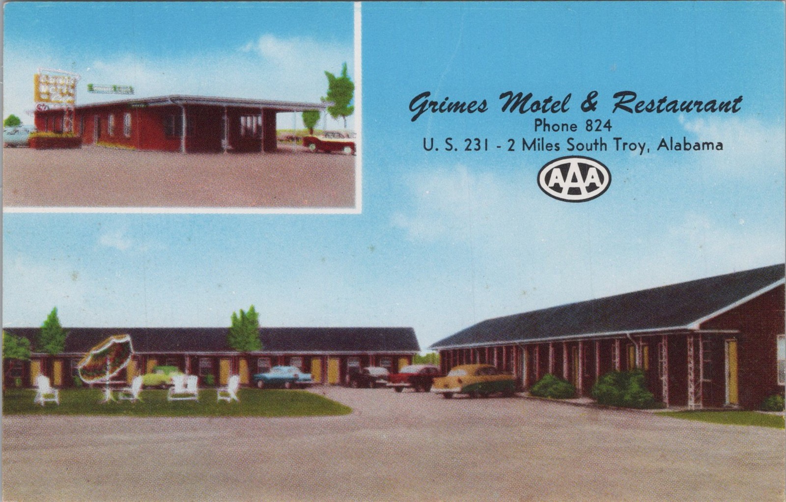 Grimes Motel Restaurant Troy Alabama AL US 231 AAA Cars Dorman 1959 Postcard