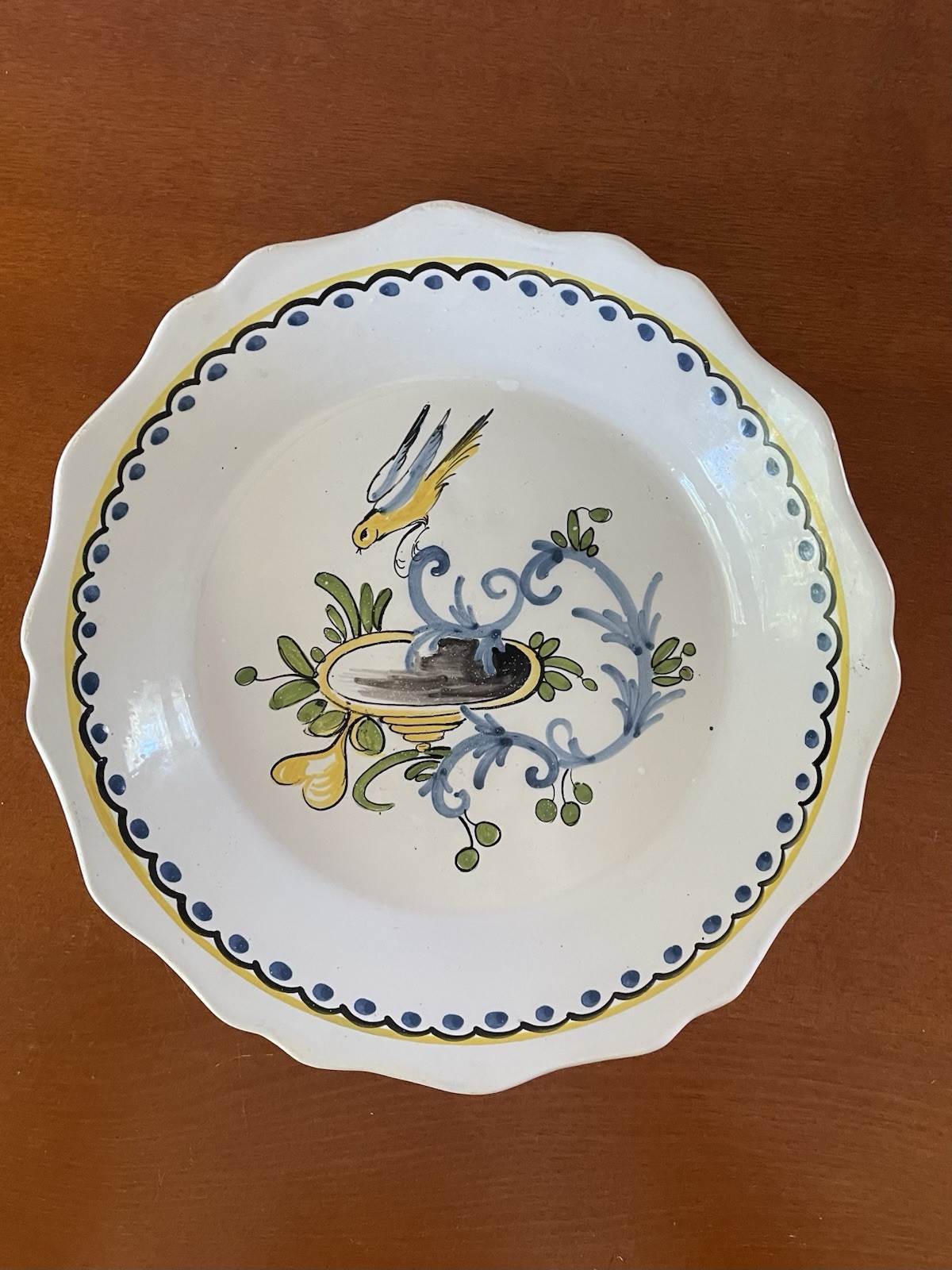 Antique Old French Nevers ? Faience Plate Bird Birdbath Fountain 9”