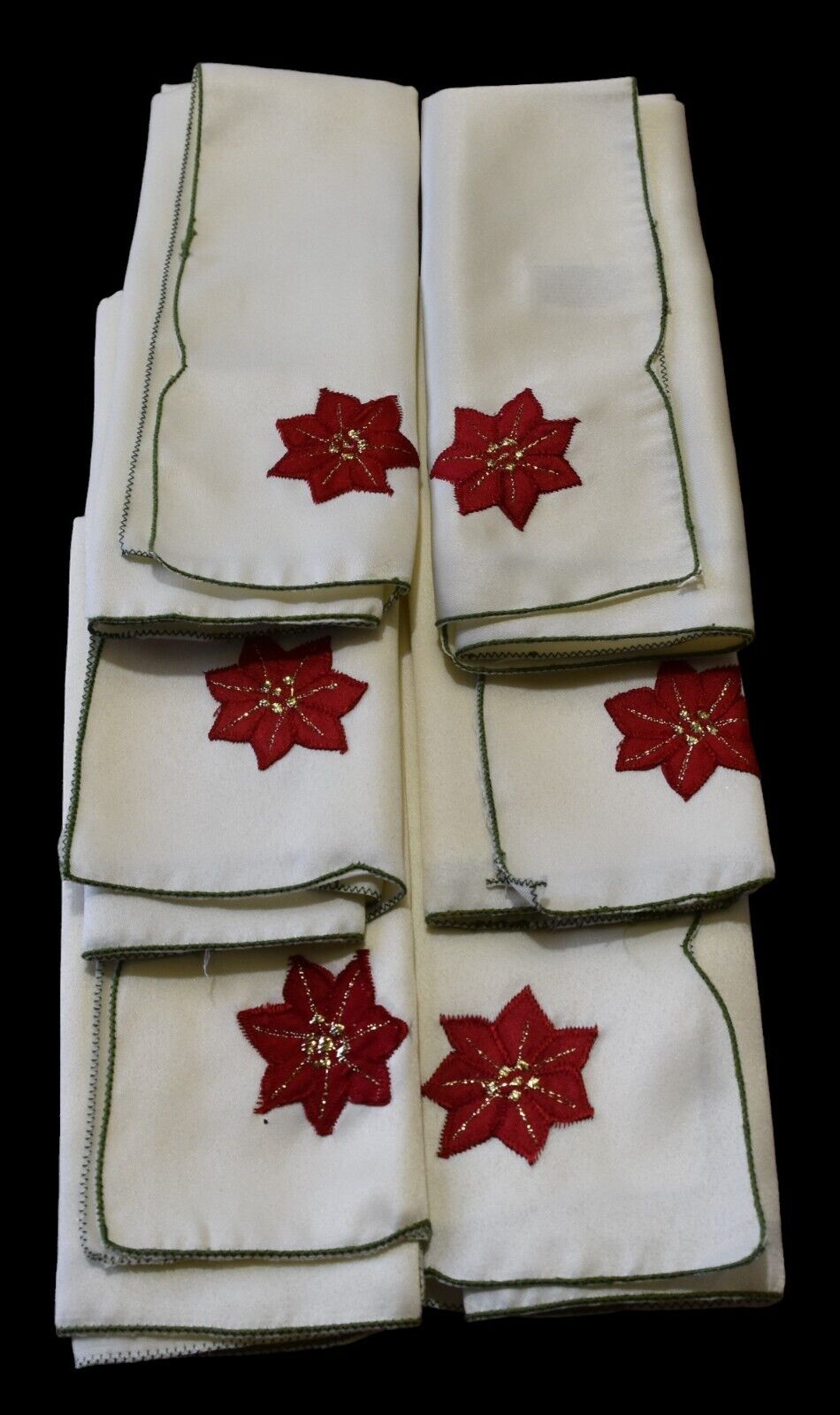 Set Of 6 Christmas Poinsettia Cloth Napkins Beautiful Embroidered Condition 17”