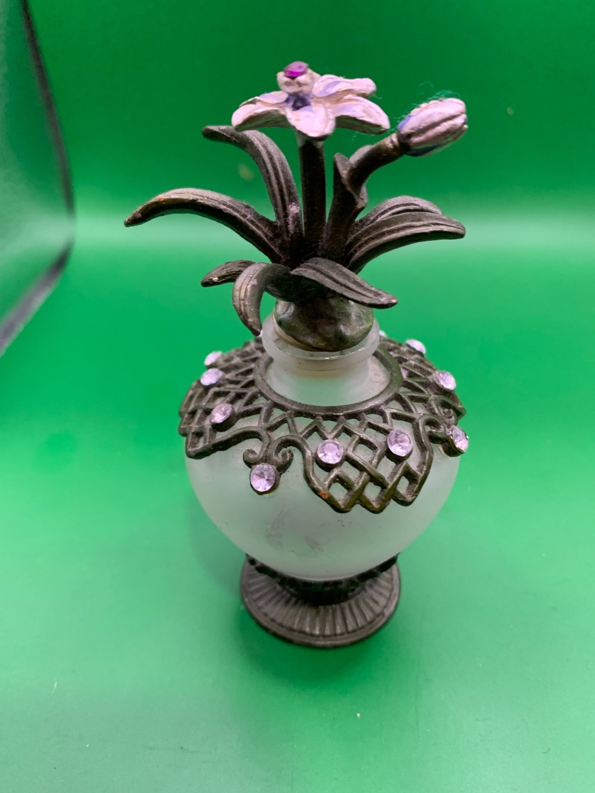 20th Century French Frosted Glass Brass Jewelled Flower Finial Bottle