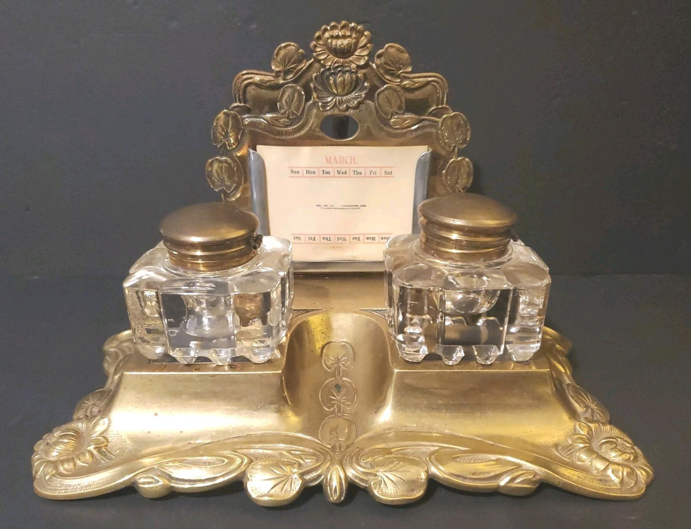 Antique Whitehead & Hoag Art Nouveau Brass Desk Set 2- Inkwells & Calendar Cards