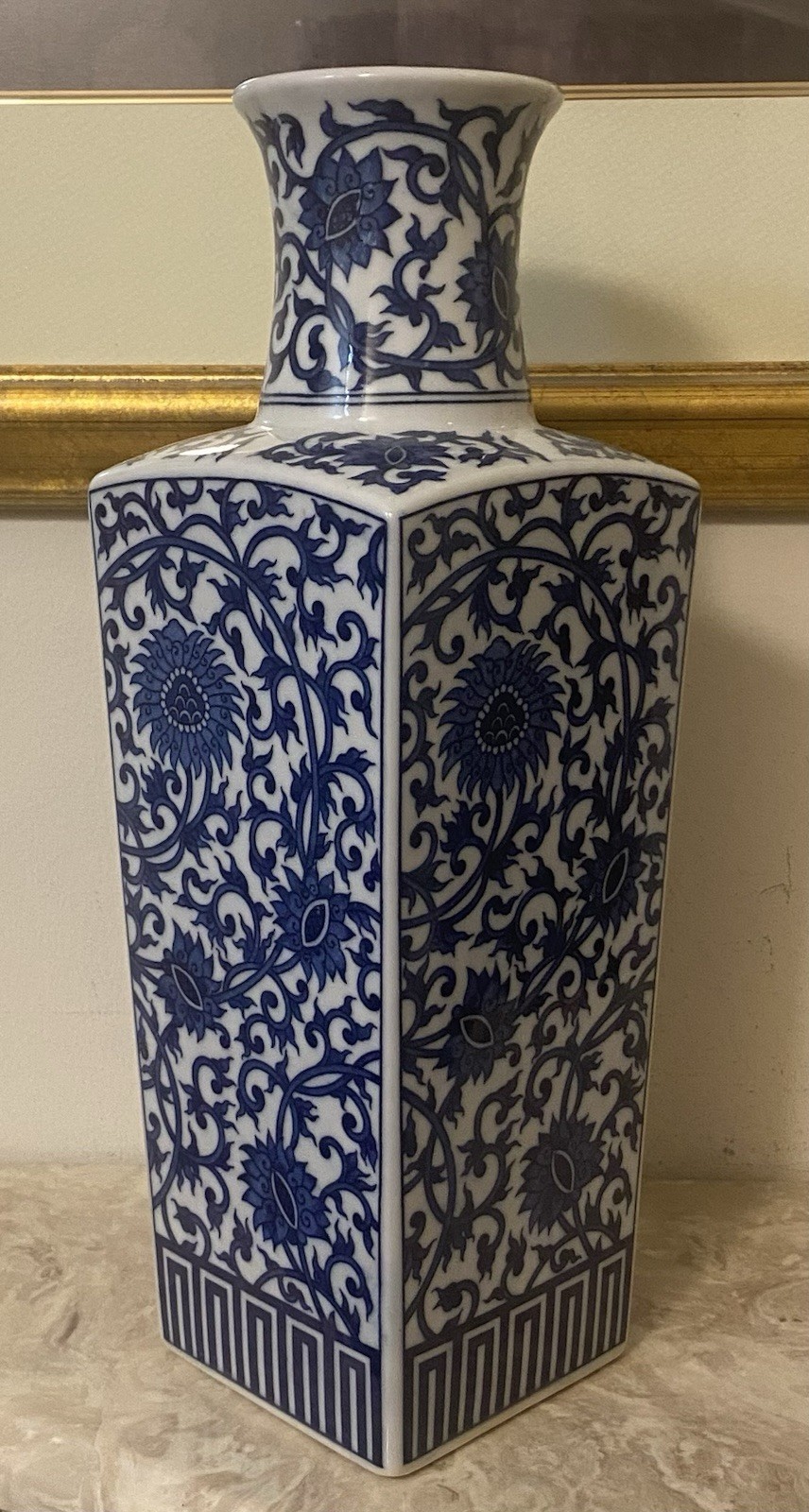 Vintage Japanese Blue And White Porcelain Square Baluster Vase Chinoisiere Style