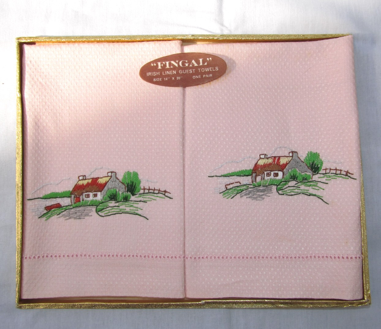 Vintage Fingal Pink Embroidered Irish Cottagecore Tea Hand Guest Towels Set of 2