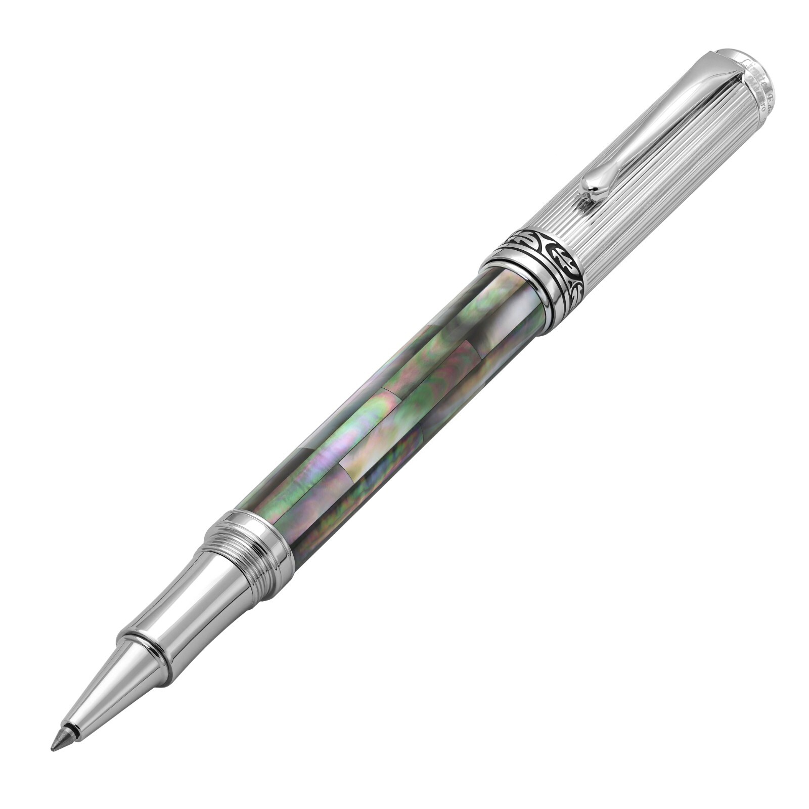 Xezo Maestro Rollerball Pen. Black Mother of Pearl, Chrome Plated. Handmade, LE