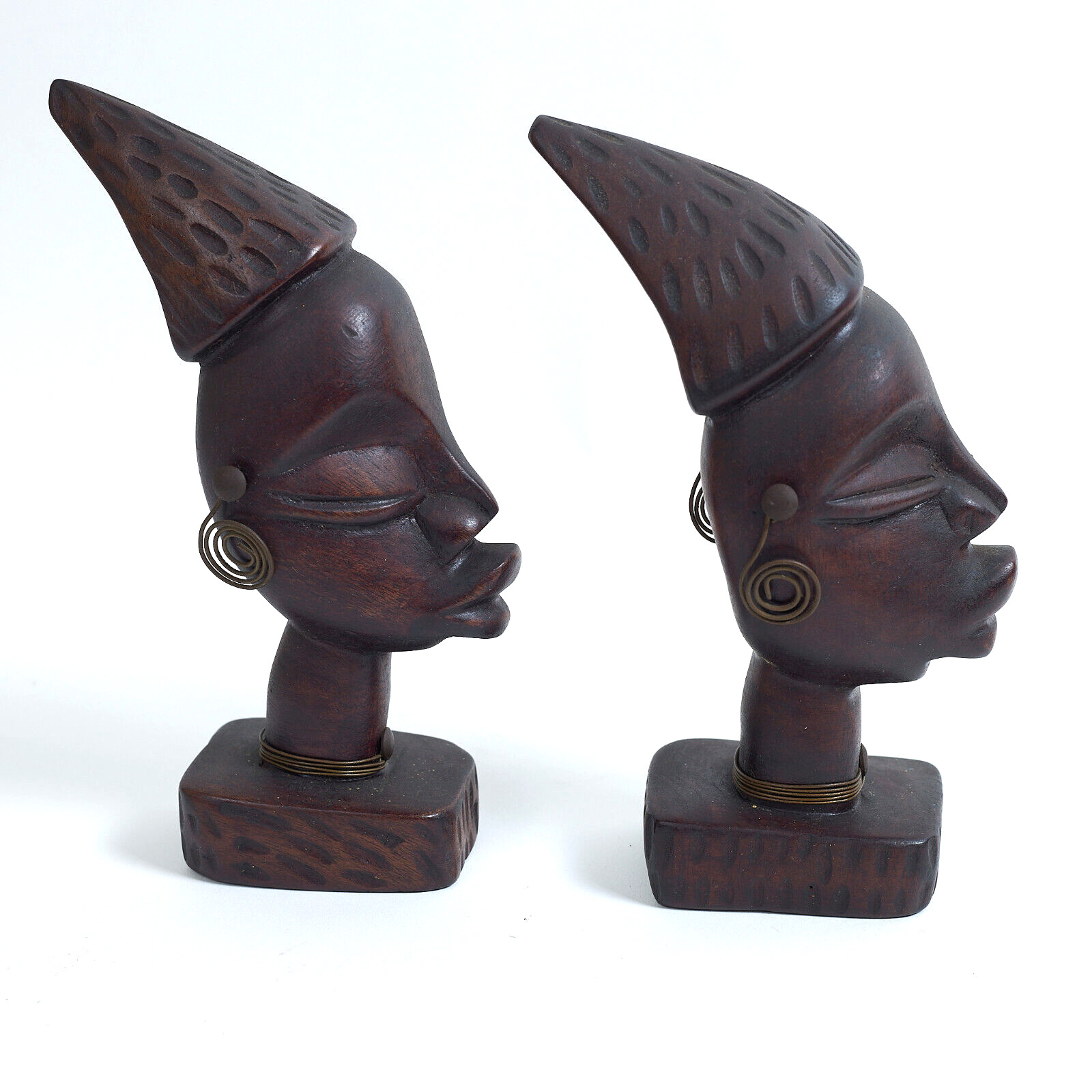 PAIR 1950s/60s Hand Carved Wood African Women Bust Head Sculptures 6 5/8\