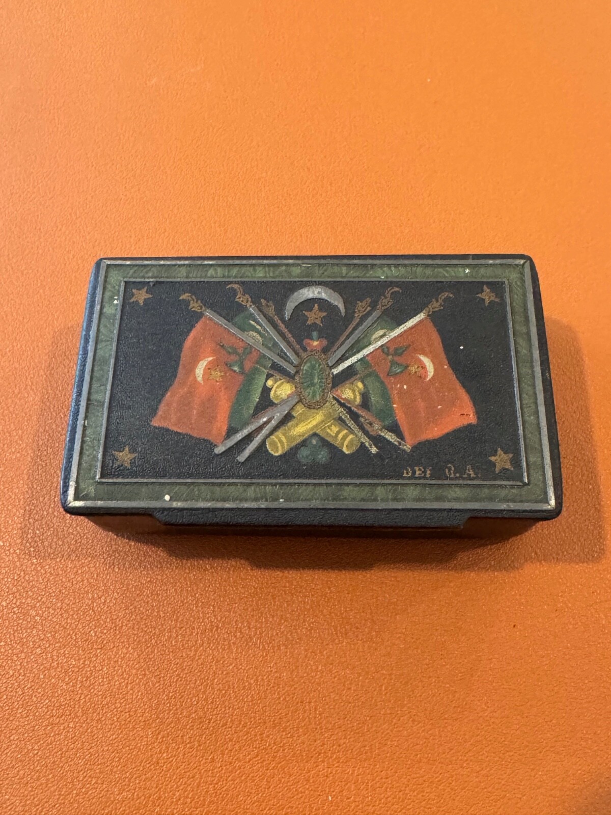 Antique Likely Russian Lacquer Box w/ Painted Flags Crescent Moon & Stars Dec.