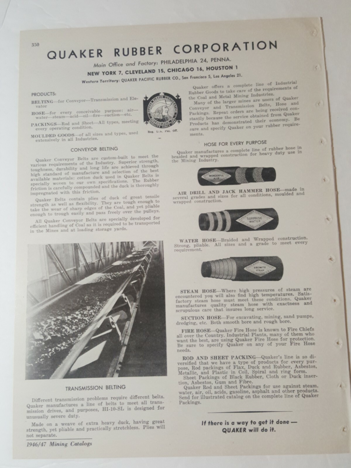 1947 print ad QUAKER RUBBER CORPORATION Philadelphia PA mining hoses &  belts