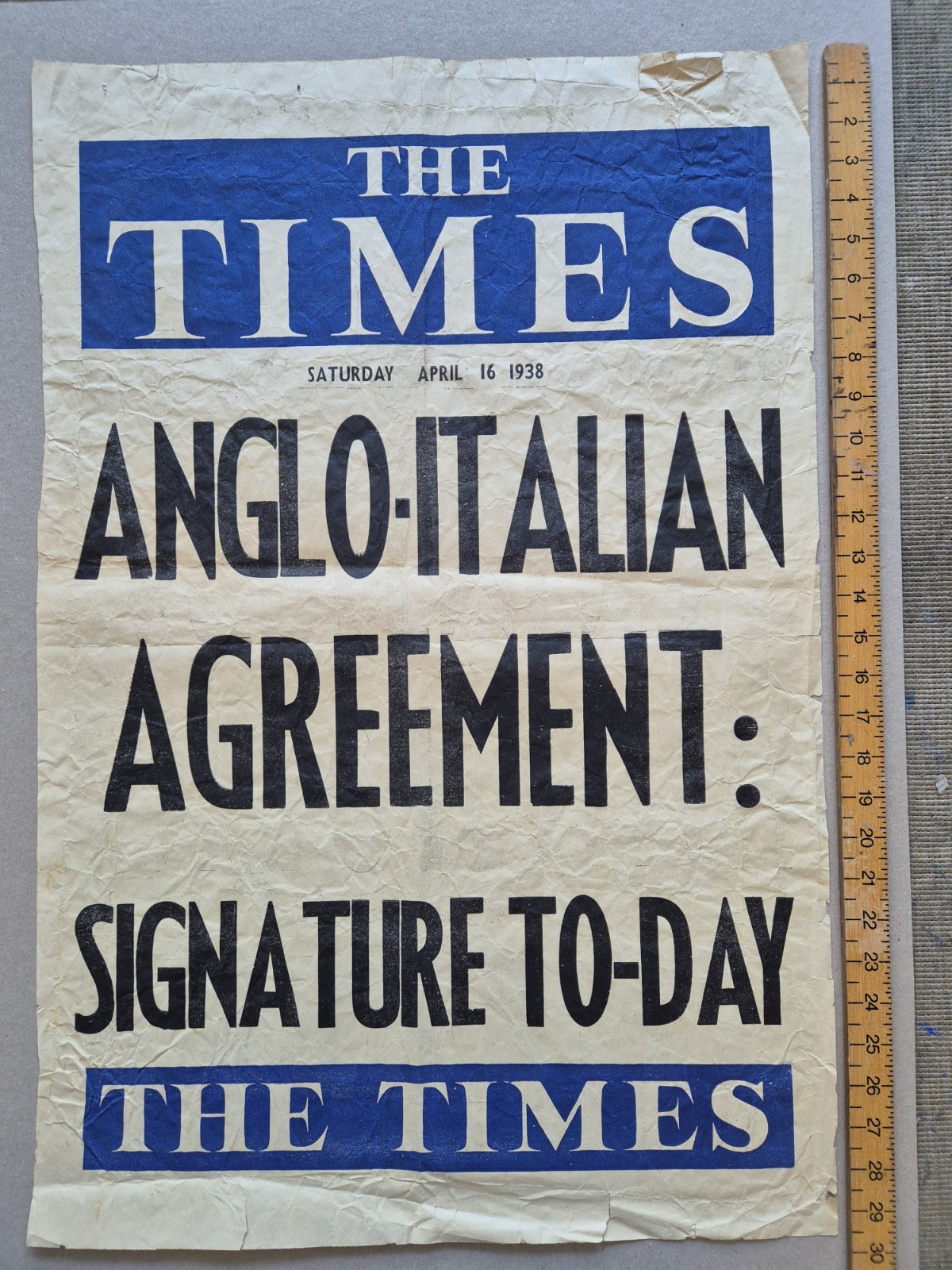 Original 1938  headline billboard poster Times  England Italy  Agreement  WW 2