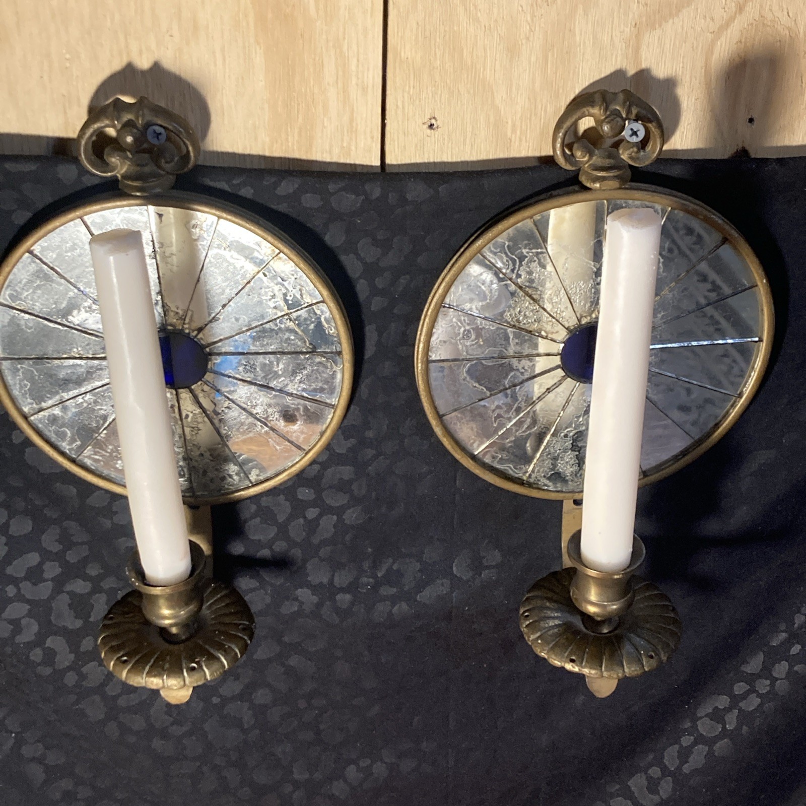 Pair Vintage 1940S Mirrored Candle Sconces Round Cobalt Blue Glass Sunburst Pair Vintage 1940S Mirrored Candle Sconces Round Cobalt Blue Glass Sunburst