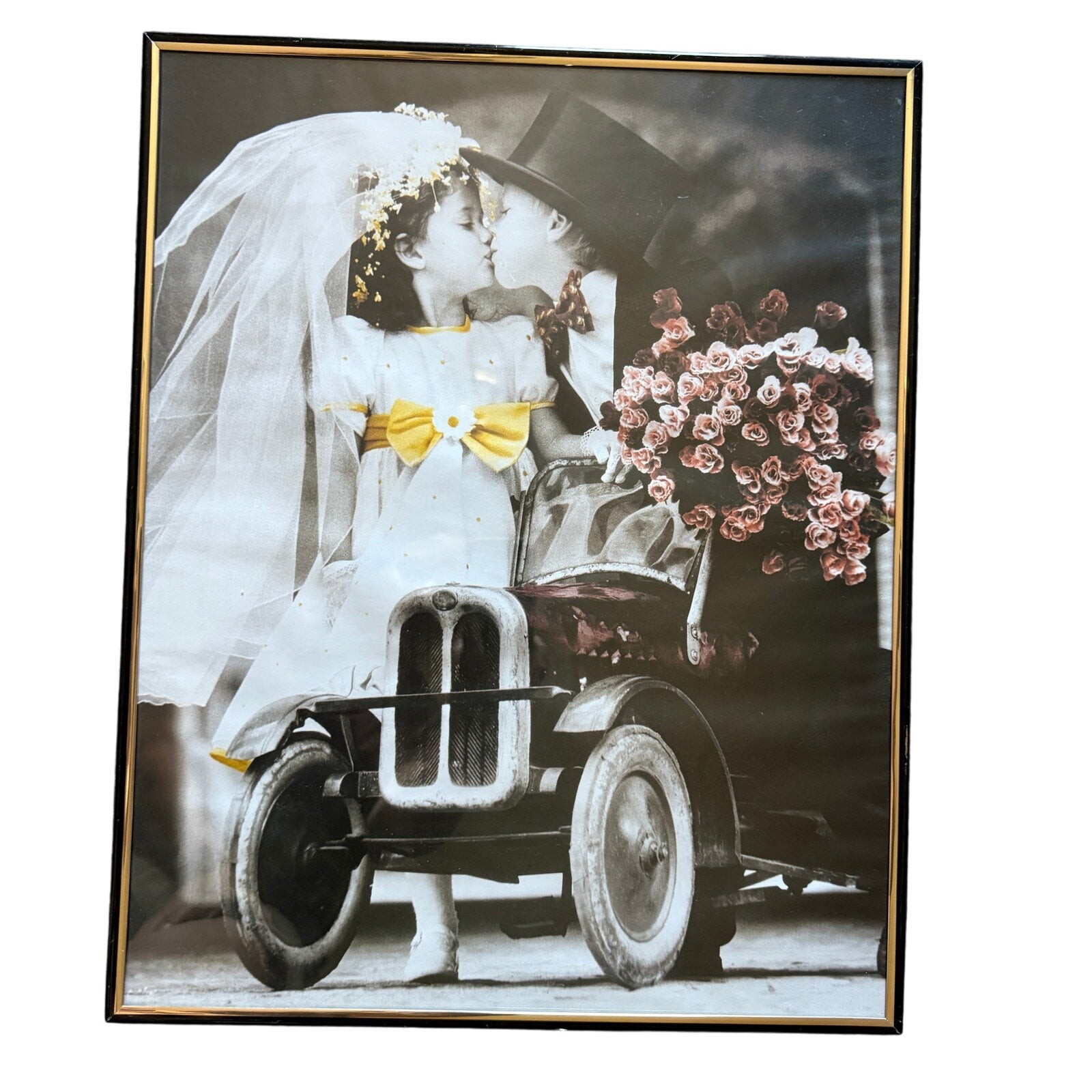 Vintage Frame Litho Print Young Boy and Girl in Car black white Art 16x20”